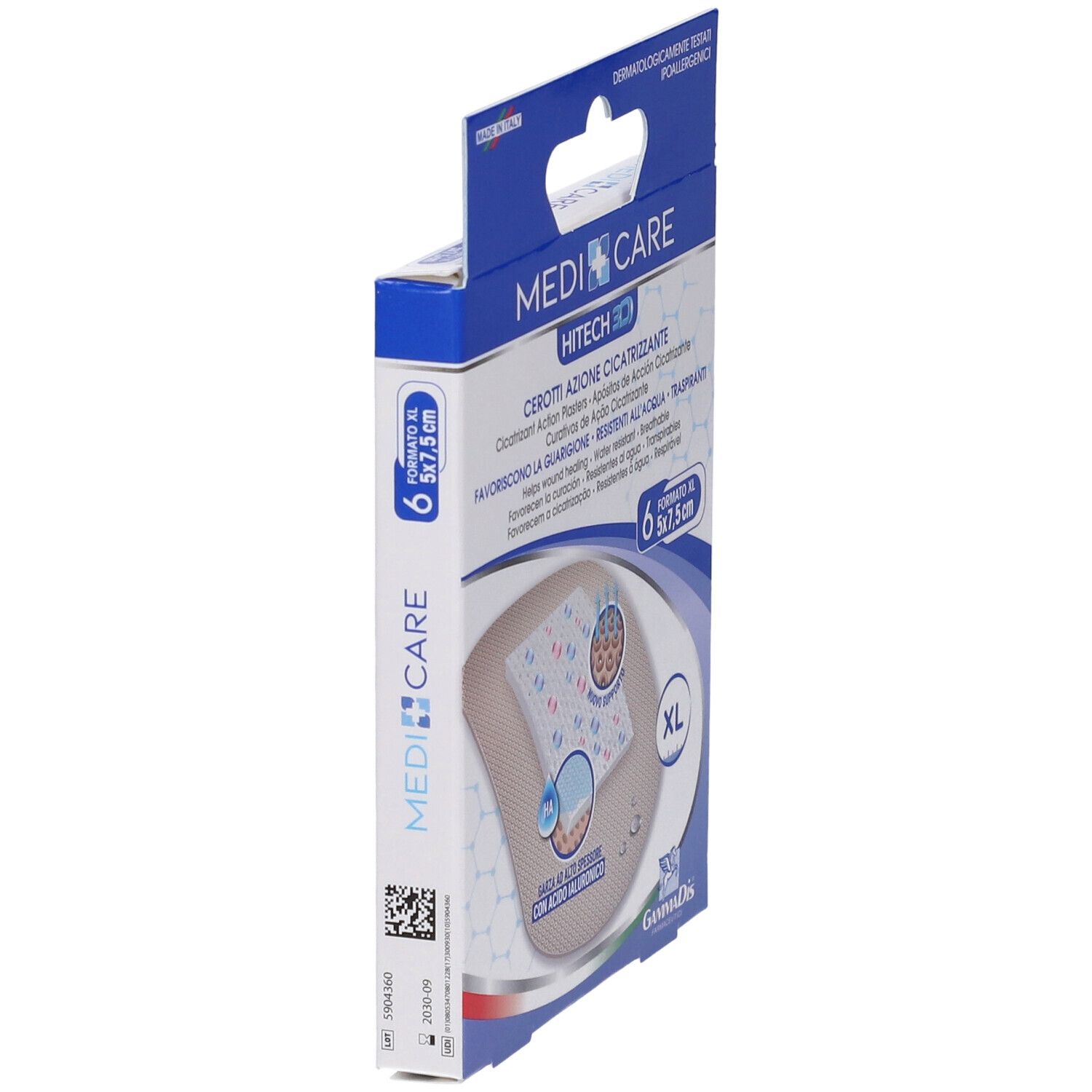 Vista laterale della confezione MEDICARE CER CICATR. Contiene 6 cerotti, formato XL 5x7,5 cm. Scatola blu e bianca.