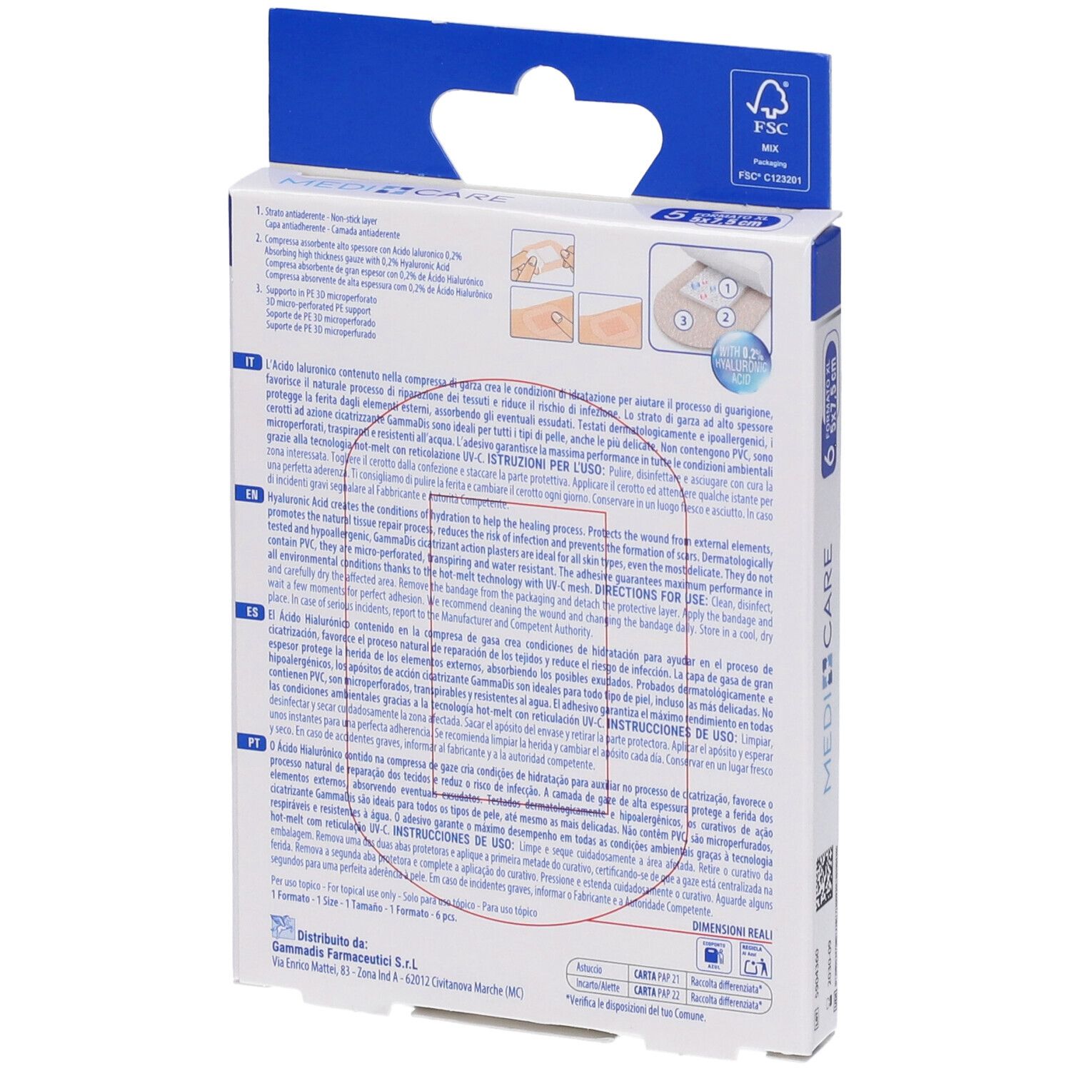 Retro della confezione MEDICARE CER CICATR. Testo multilingue. Illustrazioni per l'uso.