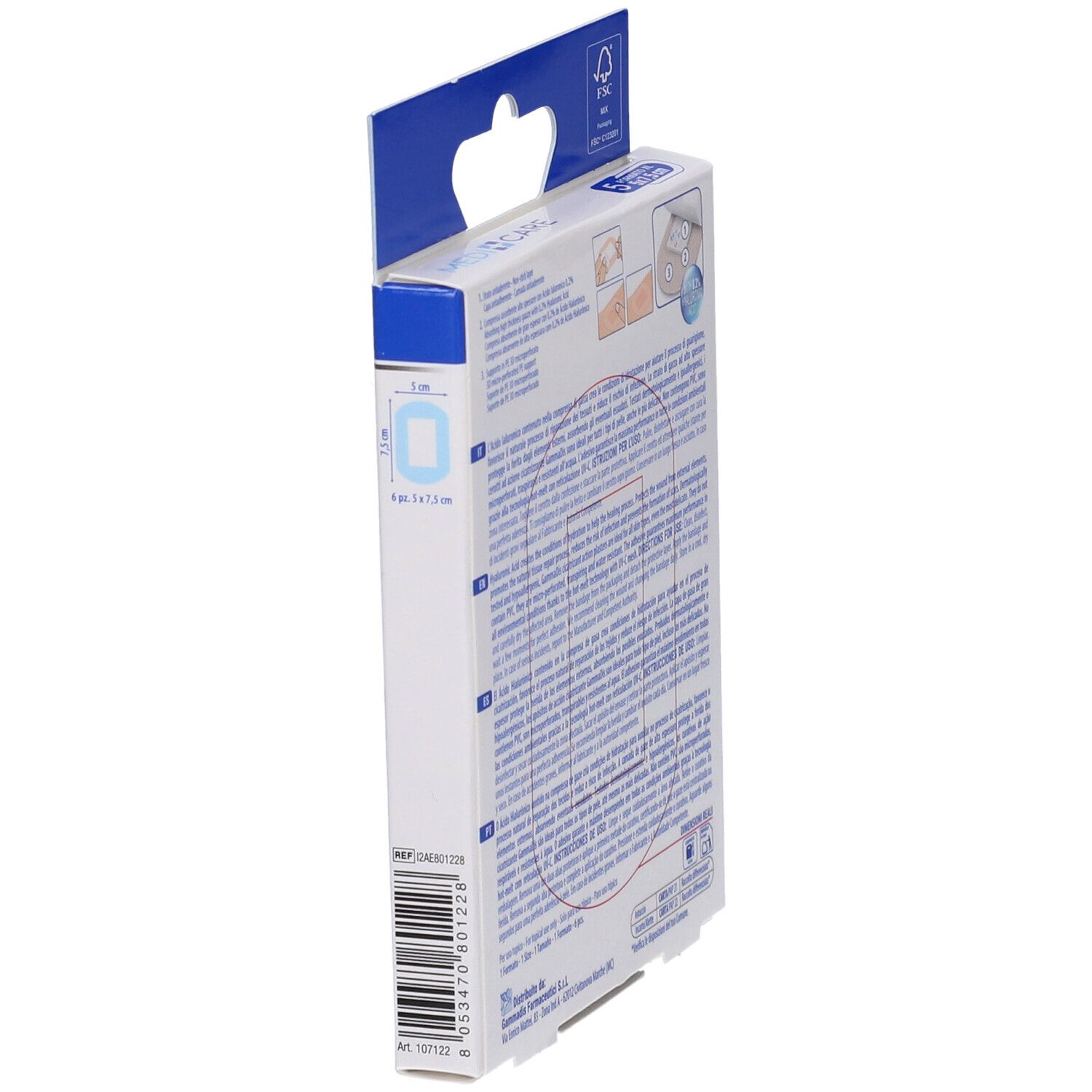Vista laterale della confezione MEDICARE CER CICATR. Contiene 6 cerotti, formato XL 5x7,5 cm. Scatola blu e bianca.
