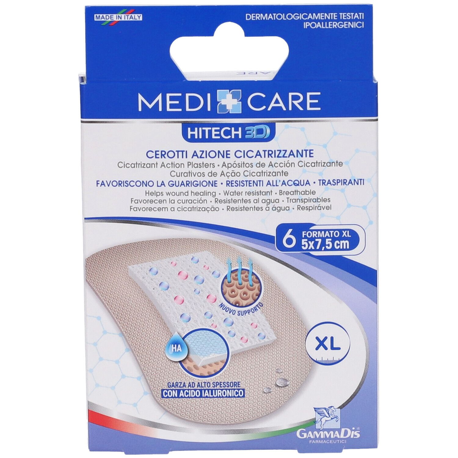 Confezione MEDICARE CER CICATR. Contiene 6 cerotti, formato XL 5x7,5 cm. Scatola blu e bianca con informazioni sul prodotto.