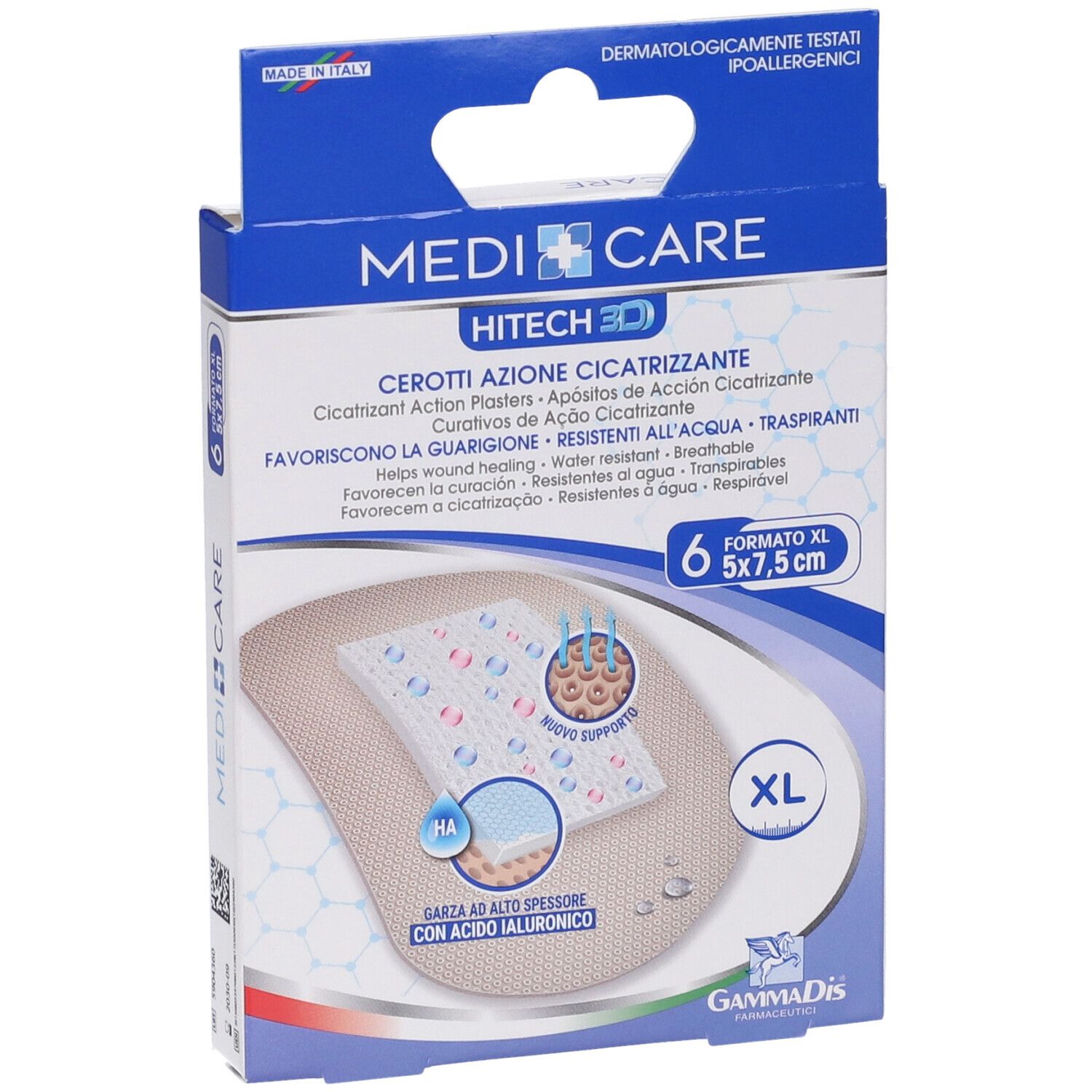Confezione MEDICARE CER CICATR. Contiene 6 cerotti, formato XL 5x7,5 cm. Scatola blu e bianca con informazioni sul prodotto.