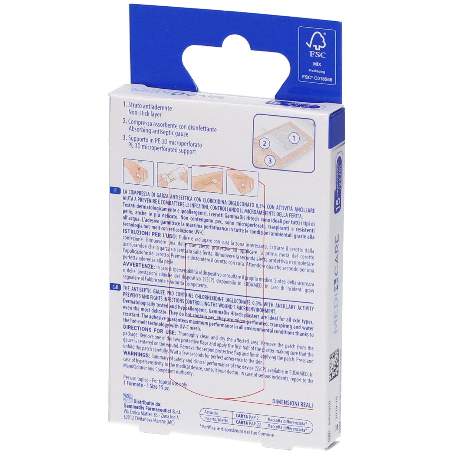 Retro della confezione di Medicare Hitech 3D Cerotti Classici. Testo in italiano. Certificazione FSC.