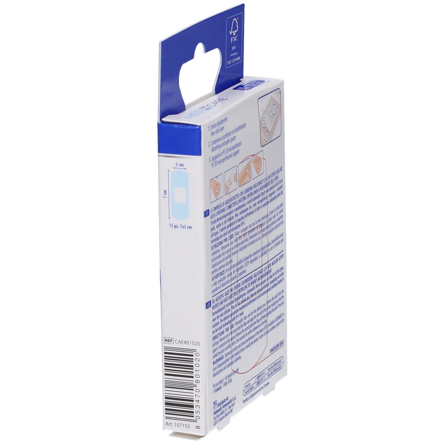 Vista laterale della confezione di Medicare Hitech 3D Cerotti Classici. Dimensioni 7x3cm. Codice a barre e testo.