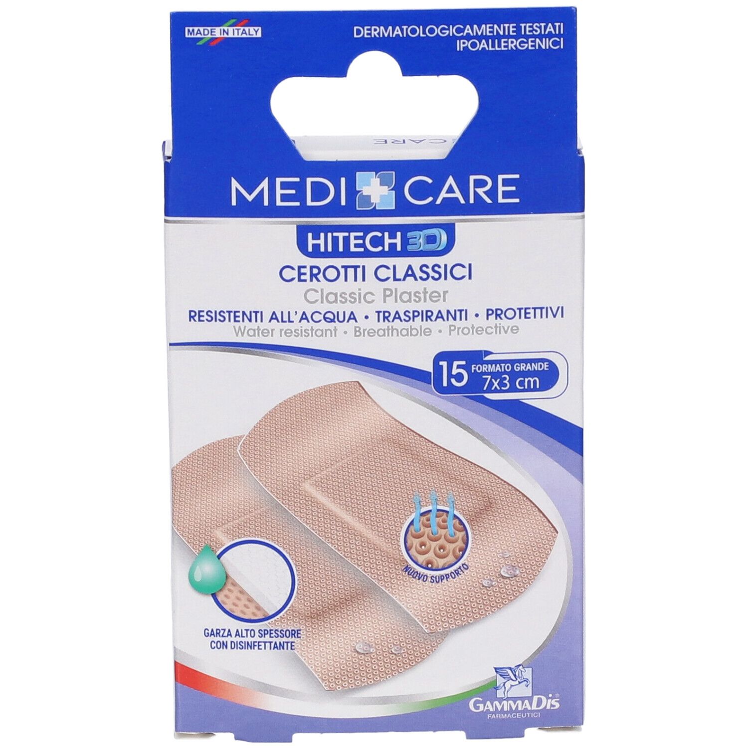 Fronte della confezione di Medicare Hitech 3D Cerotti Classici. 15 cerotti, 7x3cm. Nome prodotto, marchio, caratteristiche.
