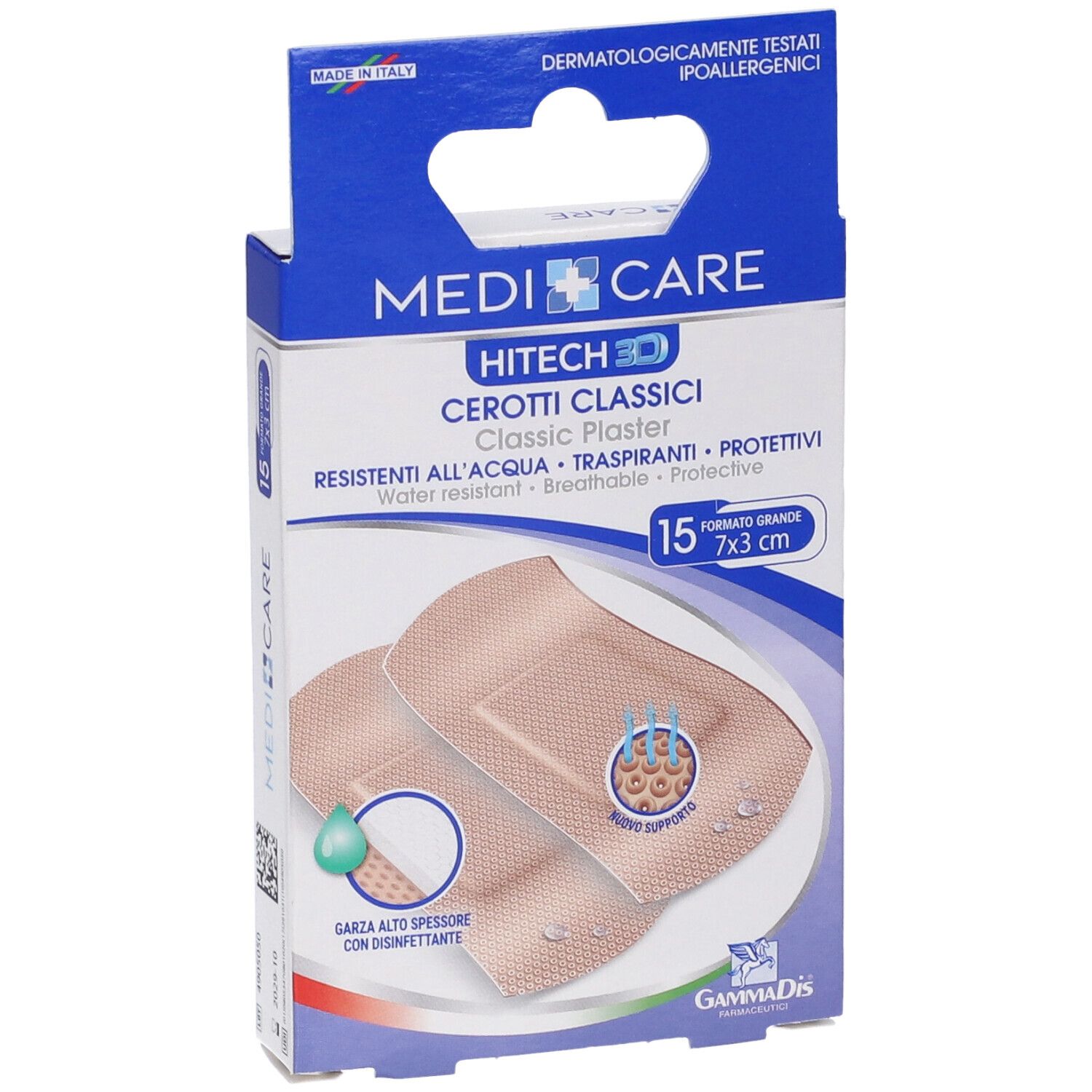 Fronte della confezione di Medicare Hitech 3D Cerotti Classici. 15 cerotti, 7x3cm. Nome prodotto, marchio, caratteristiche.