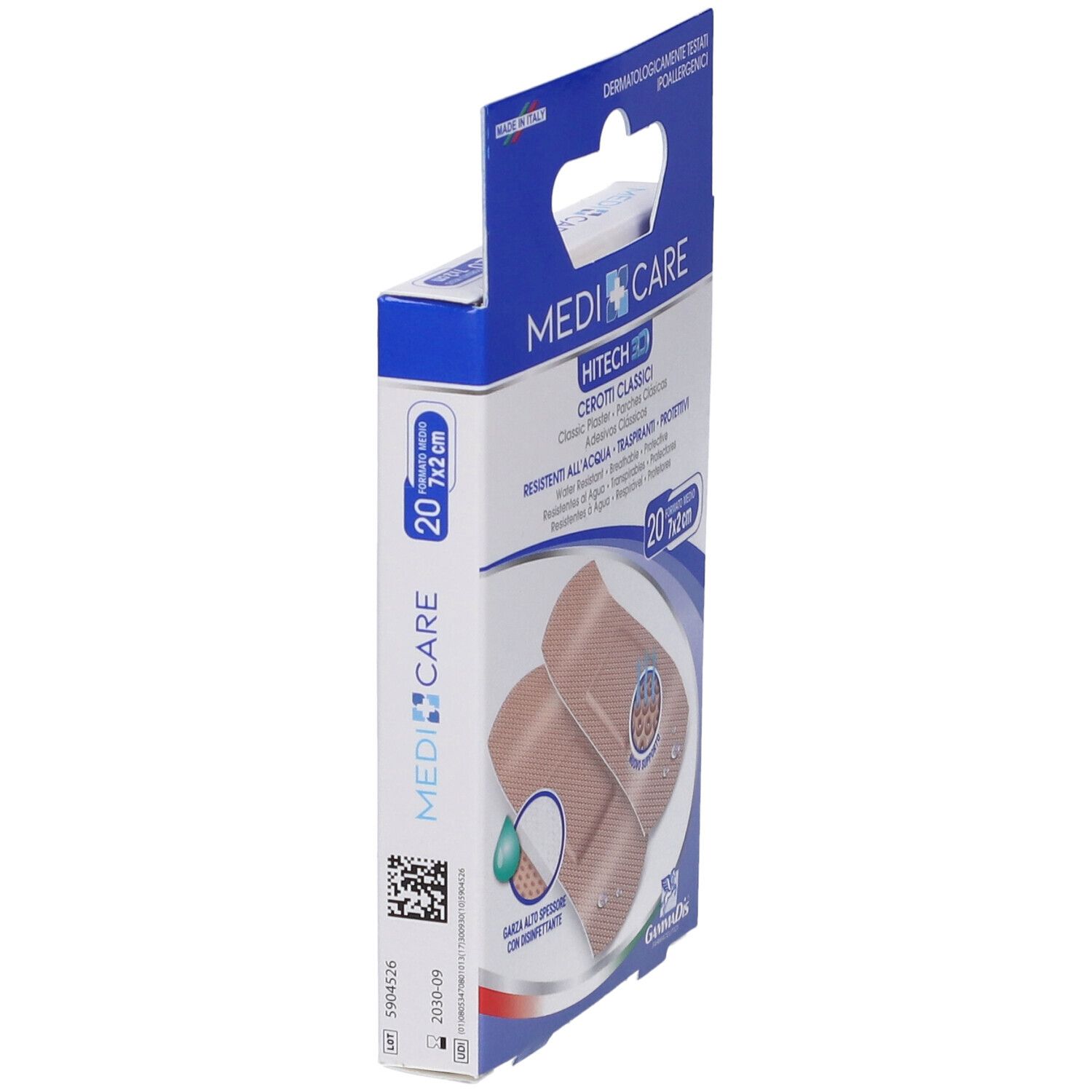 Confezione di cerotti Medicare Hitech 3D. 20 pezzi, 7x2cm. Resistenti all'acqua, traspiranti, protettivi. Con disinfettante.