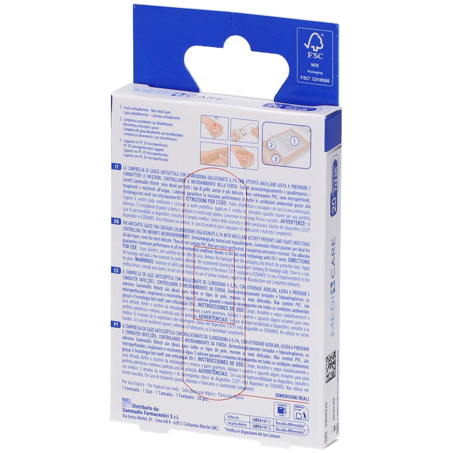 Retro della confezione di cerotti Medicare Hitech 3D. Testo multilingue. Certificazione FSC.