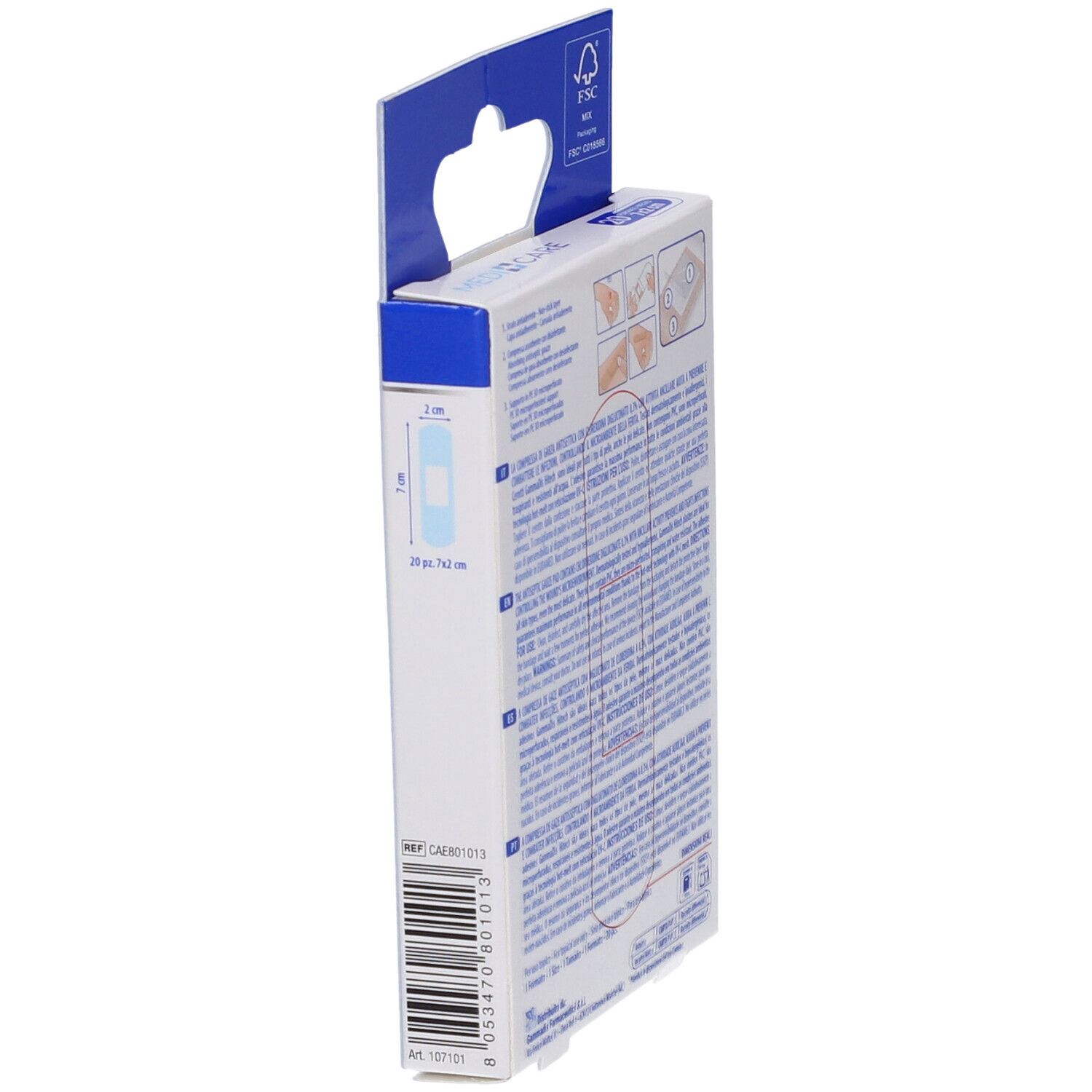 Vista laterale della confezione di cerotti Medicare Hitech 3D. 20 pezzi, 7x2cm. Certificazione FSC.