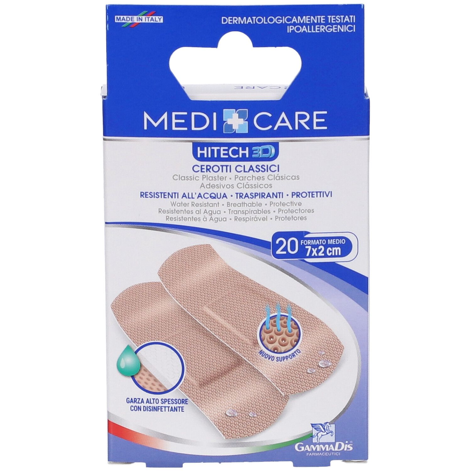 Confezione di cerotti Medicare Hitech 3D. 20 cerotti, 7x2cm. Resistenti all'acqua, traspiranti, protettivi. Con disinfettante.