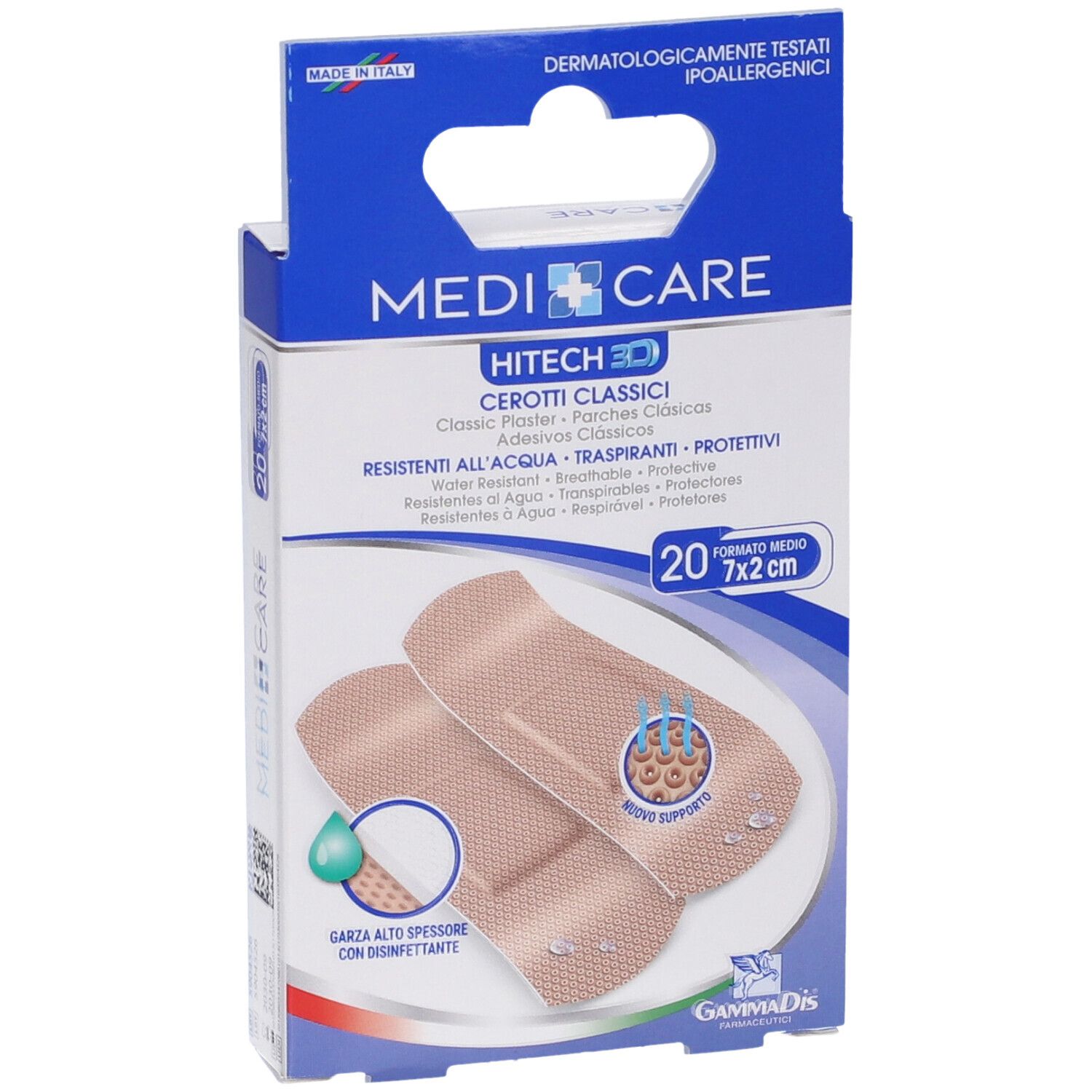 Confezione di cerotti Medicare Hitech 3D. 20 cerotti, 7x2cm. Resistenti all'acqua, traspiranti, protettivi. Con disinfettante.