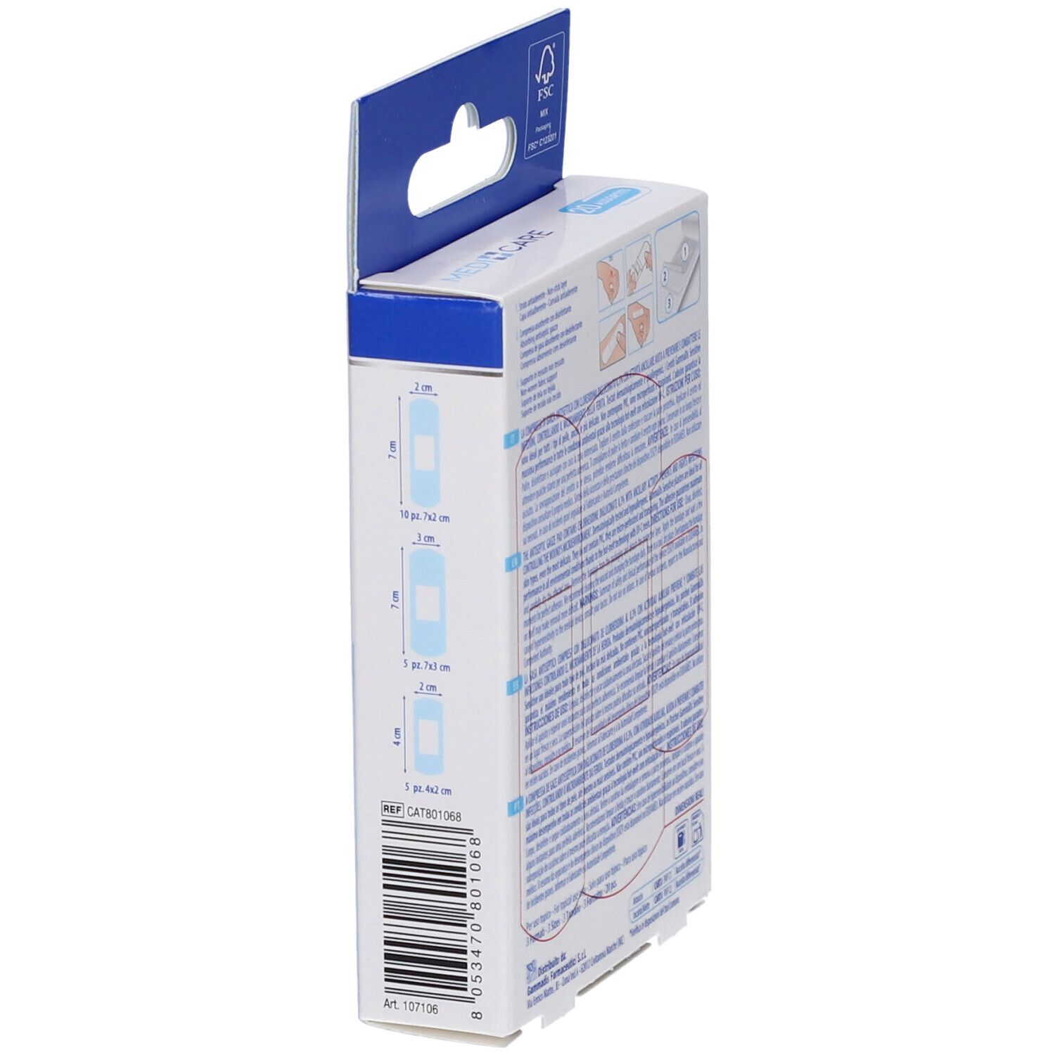 Lato della confezione Medicare Sensitive Cerotti Soft. Mostra le dimensioni dei cerotti. Logo FSC.