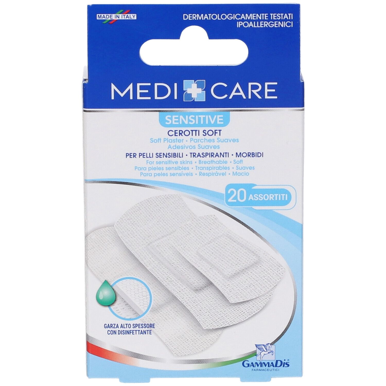 Vista frontale della confezione Medicare Sensitive Cerotti Soft. Contiene 20 cerotti. Marchio e immagine del prodotto.