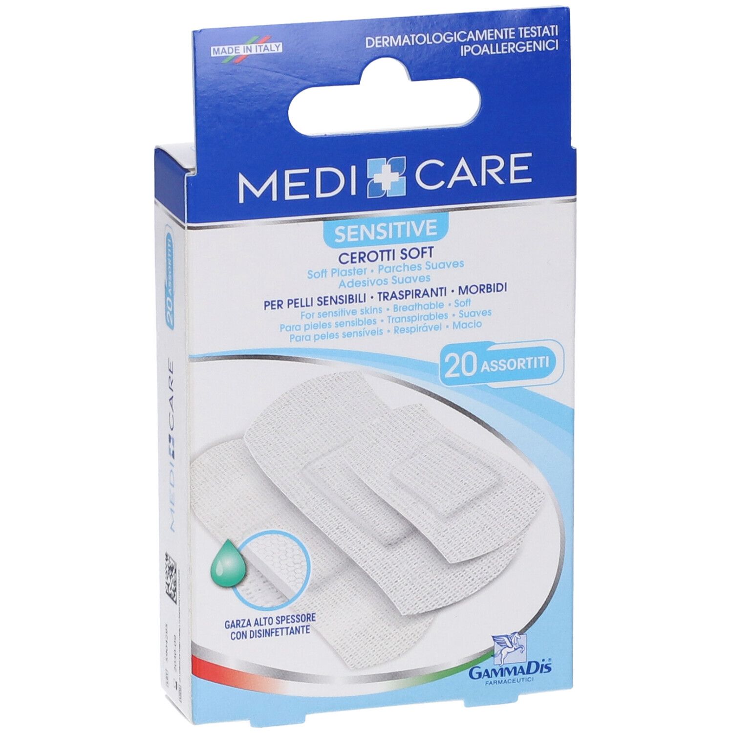 Vista frontale della confezione Medicare Sensitive Cerotti Soft. Contiene 20 cerotti. Marchio e immagine del prodotto.