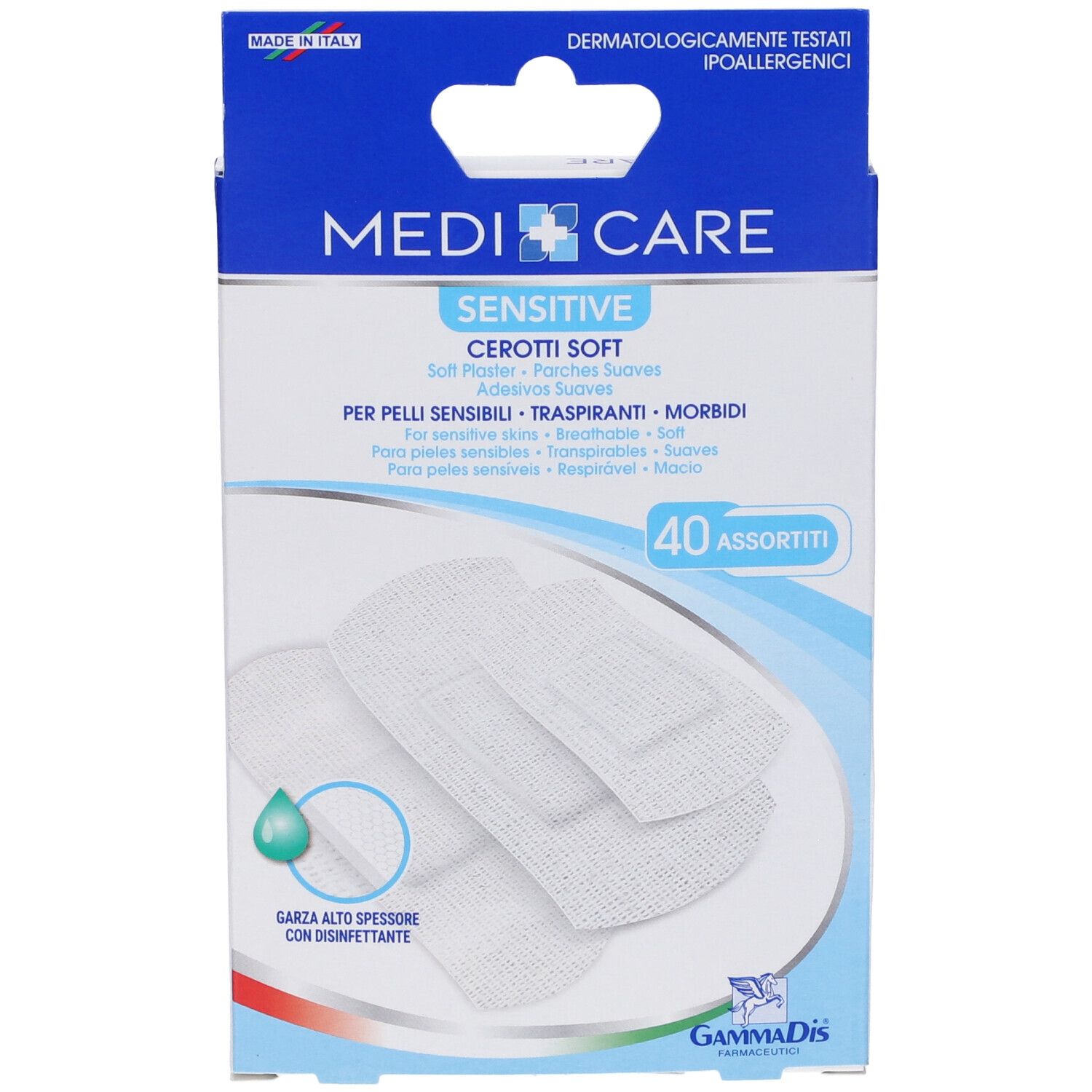 Confezione di cerotti bianchi. Scritta: Medicare Sensitive Cerotti Soft. 40 assortiti. Con disinfettante.