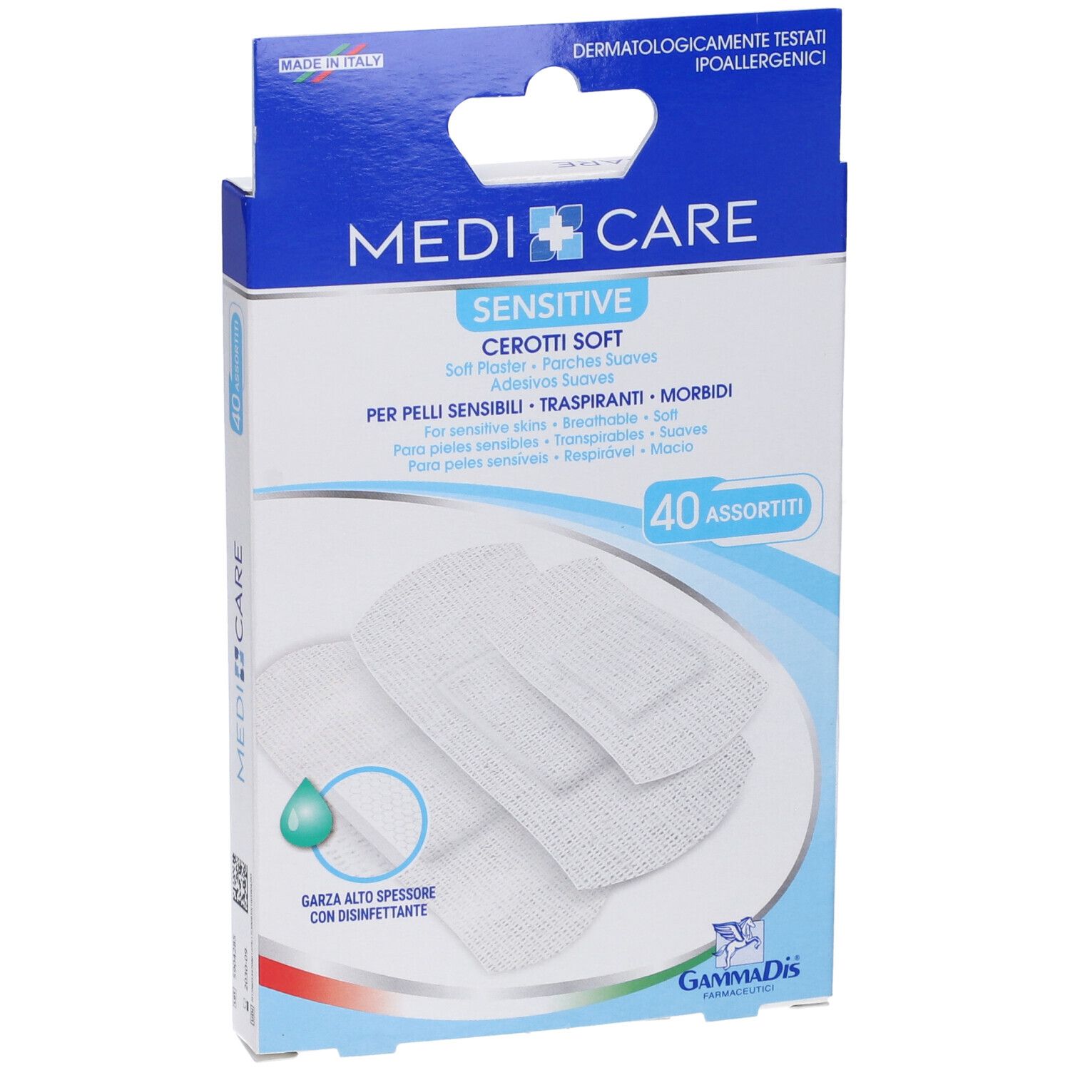 Confezione di cerotti bianchi. Scritta: Medicare Sensitive Cerotti Soft. 40 assortiti. Con disinfettante.