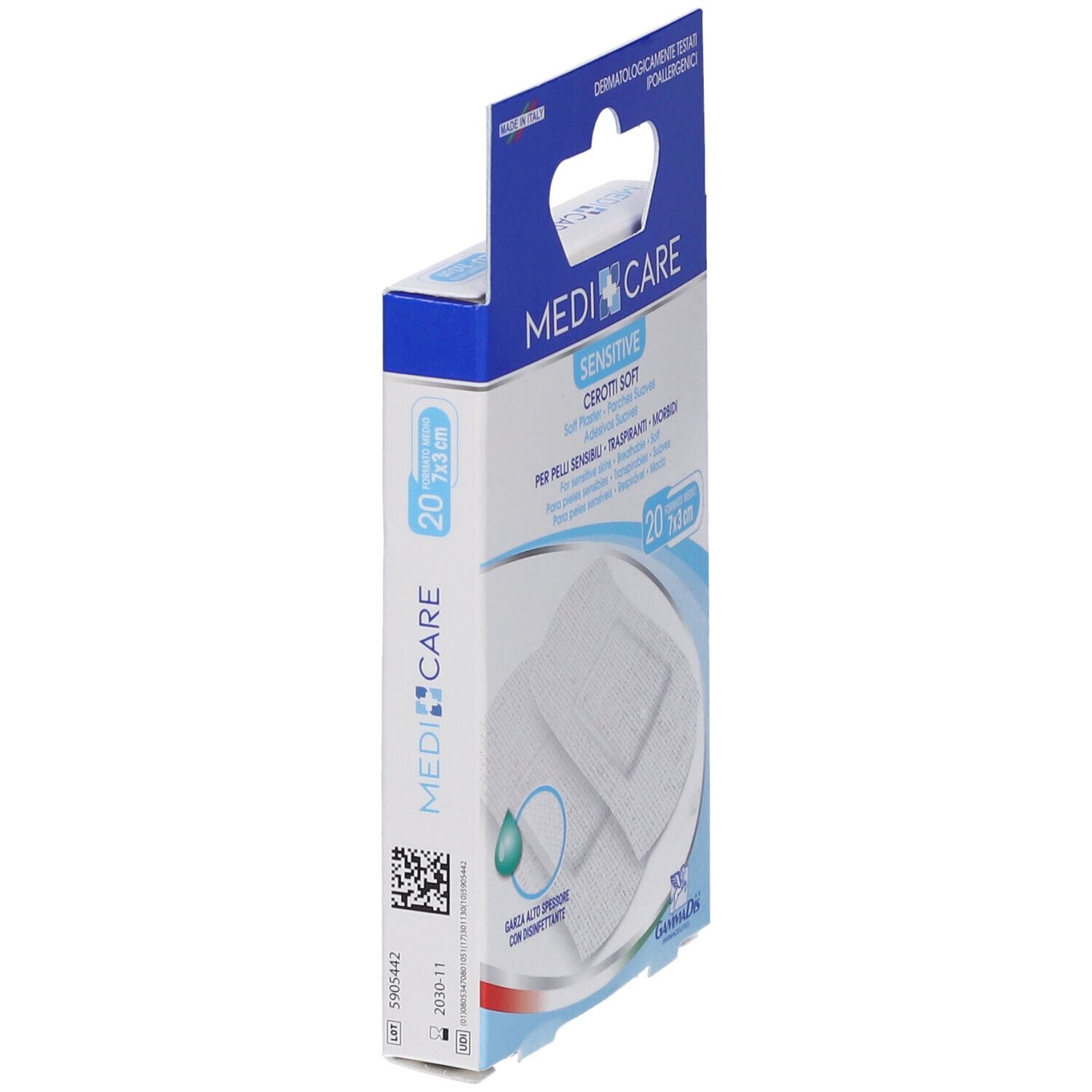 Confezione di cerotti Medicare Sensitive Cerotti Soft. 20 pezzi, 7x3cm. Logo e codice a barre. Vista laterale.