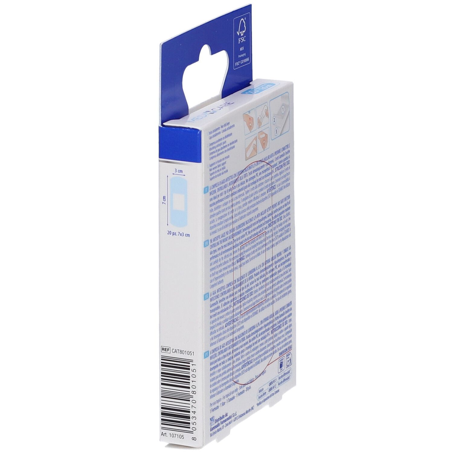 Vista laterale della confezione Medicare Sensitive Cerotti Soft. Testo e illustrazioni. Dimensione 7x3cm.