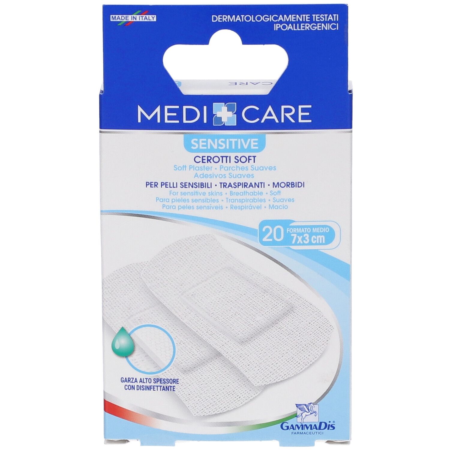 Confezione di cerotti Medicare Sensitive Cerotti Soft. 20 pezzi, 7x3cm. Logo e scritte.