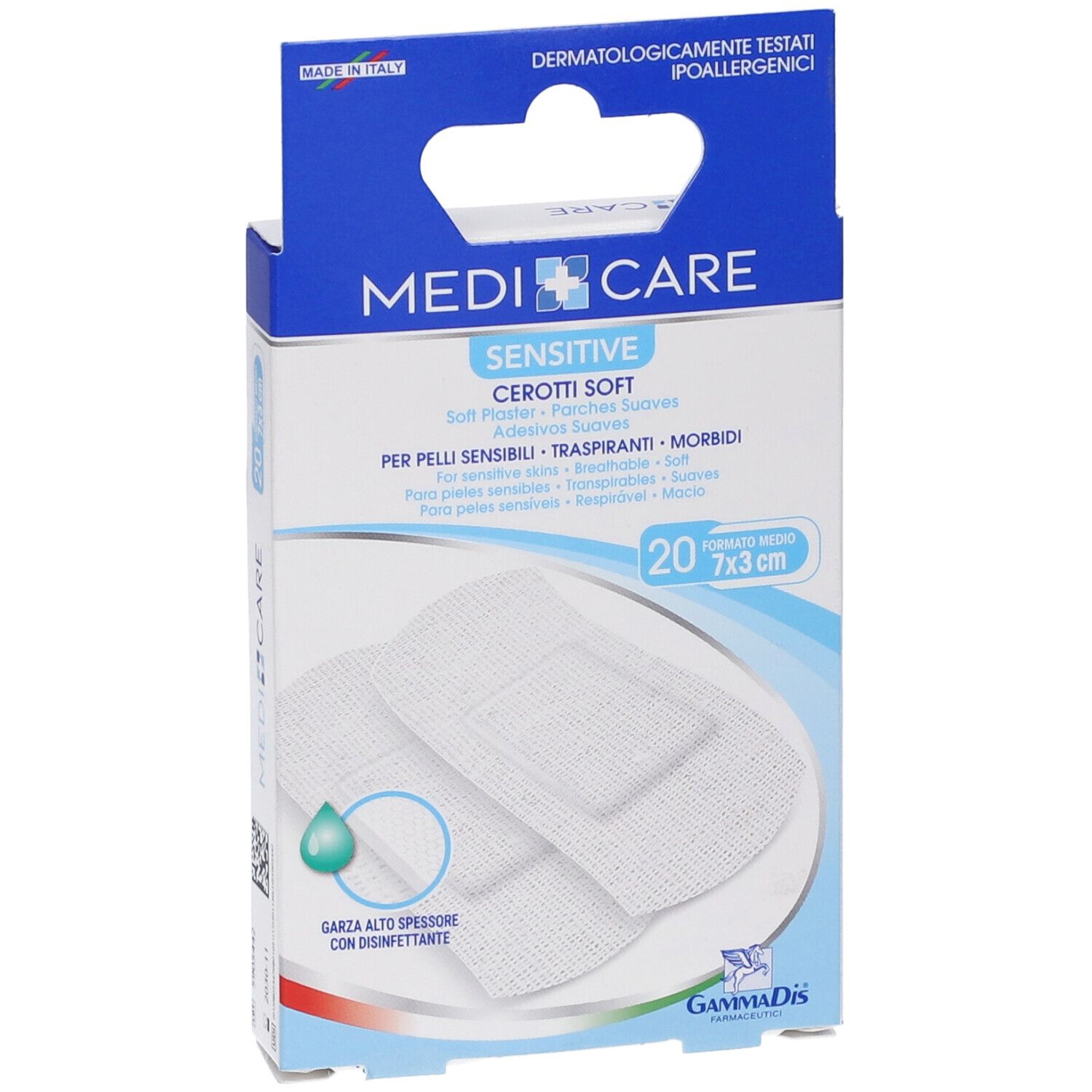 Confezione di cerotti Medicare Sensitive Cerotti Soft. 20 pezzi, 7x3cm. Logo e scritte.
