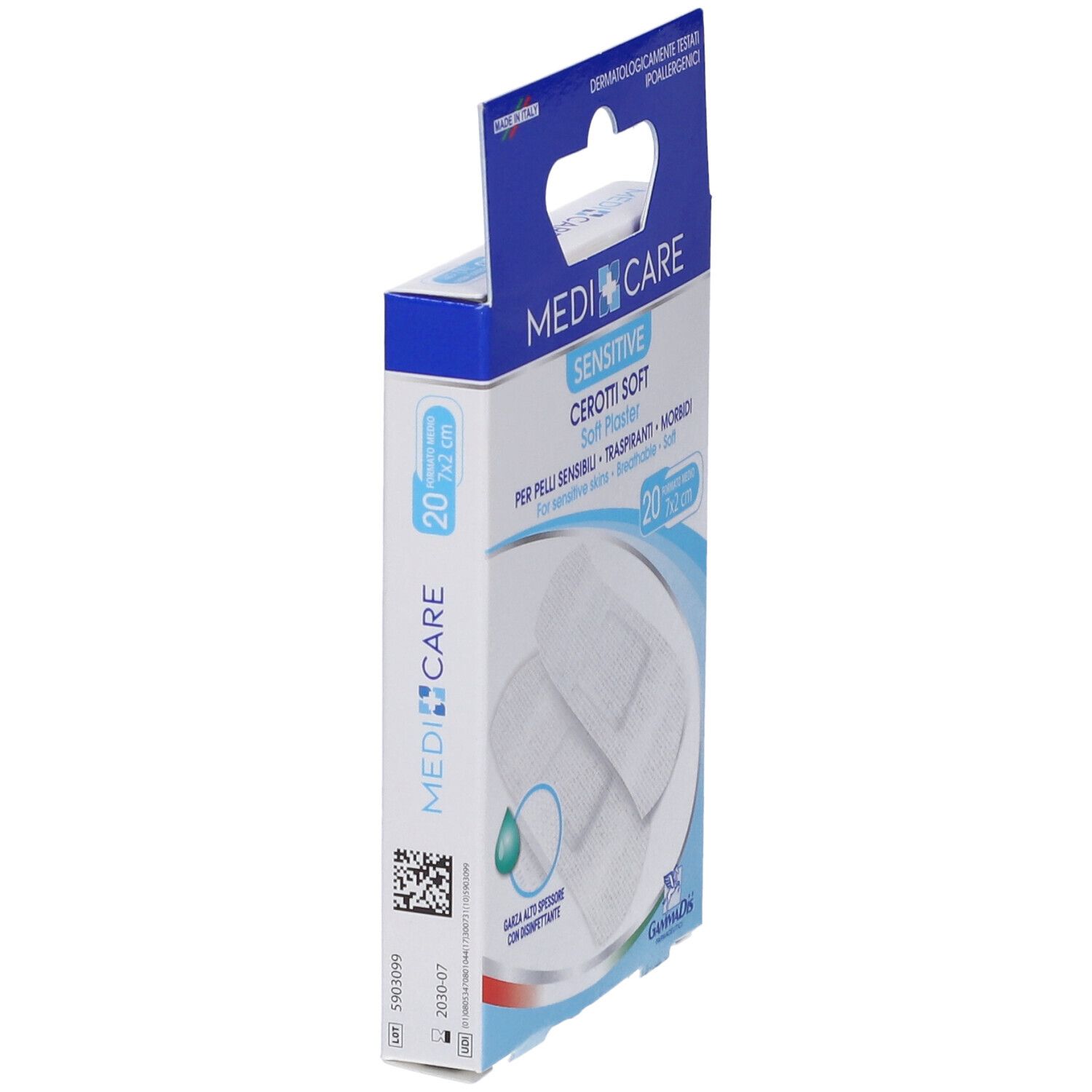 Confezione di cerotti Medicare Sensitive Cerotti Soft. 20 cerotti 7x2cm. Vista laterale della confezione.