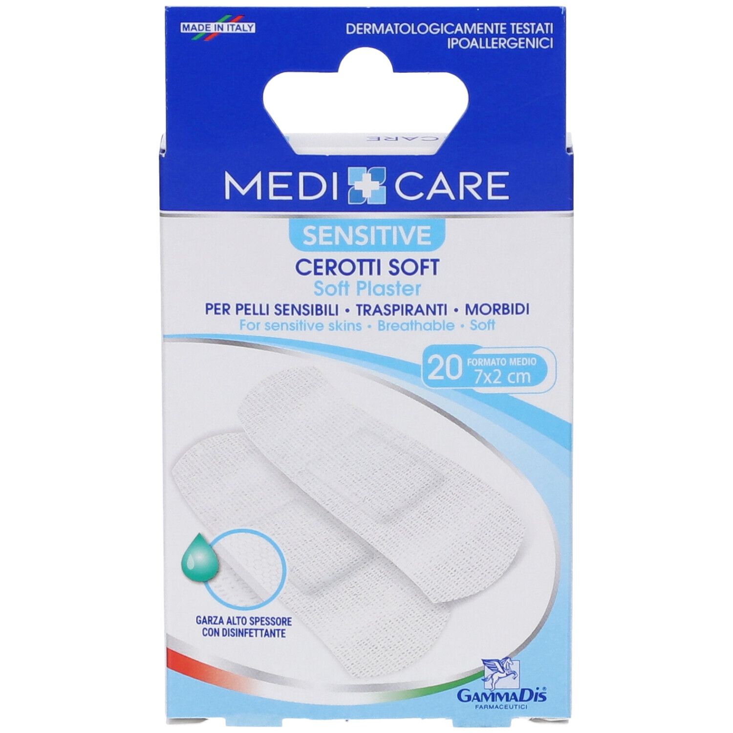 Confezione di 20 cerotti 7x2cm. Cerotti bianchi. Marchio: Medicare Sensitive Cerotti Soft. Confezione.