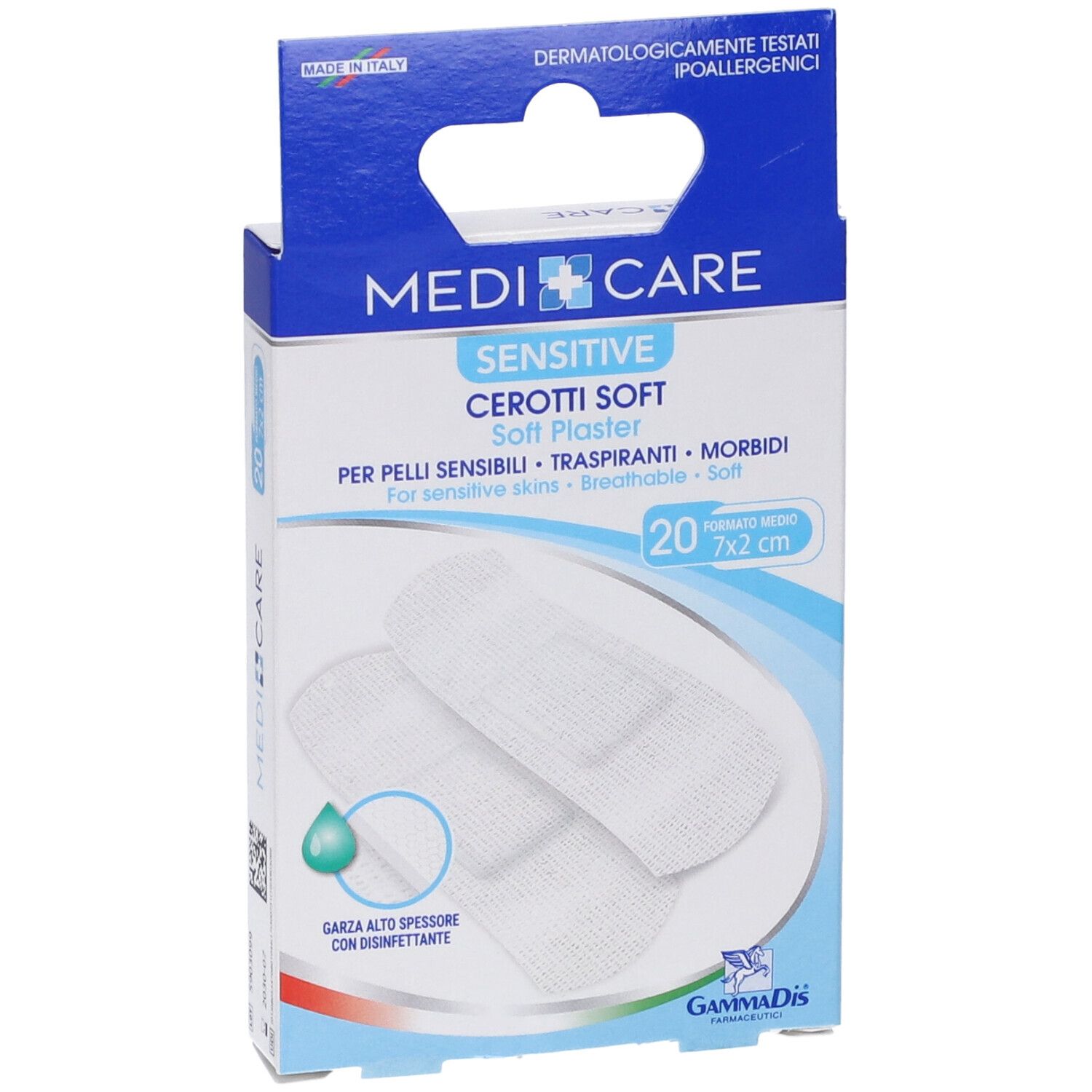 Confezione di 20 cerotti 7x2cm. Cerotti bianchi. Marchio: Medicare Sensitive Cerotti Soft. Confezione.