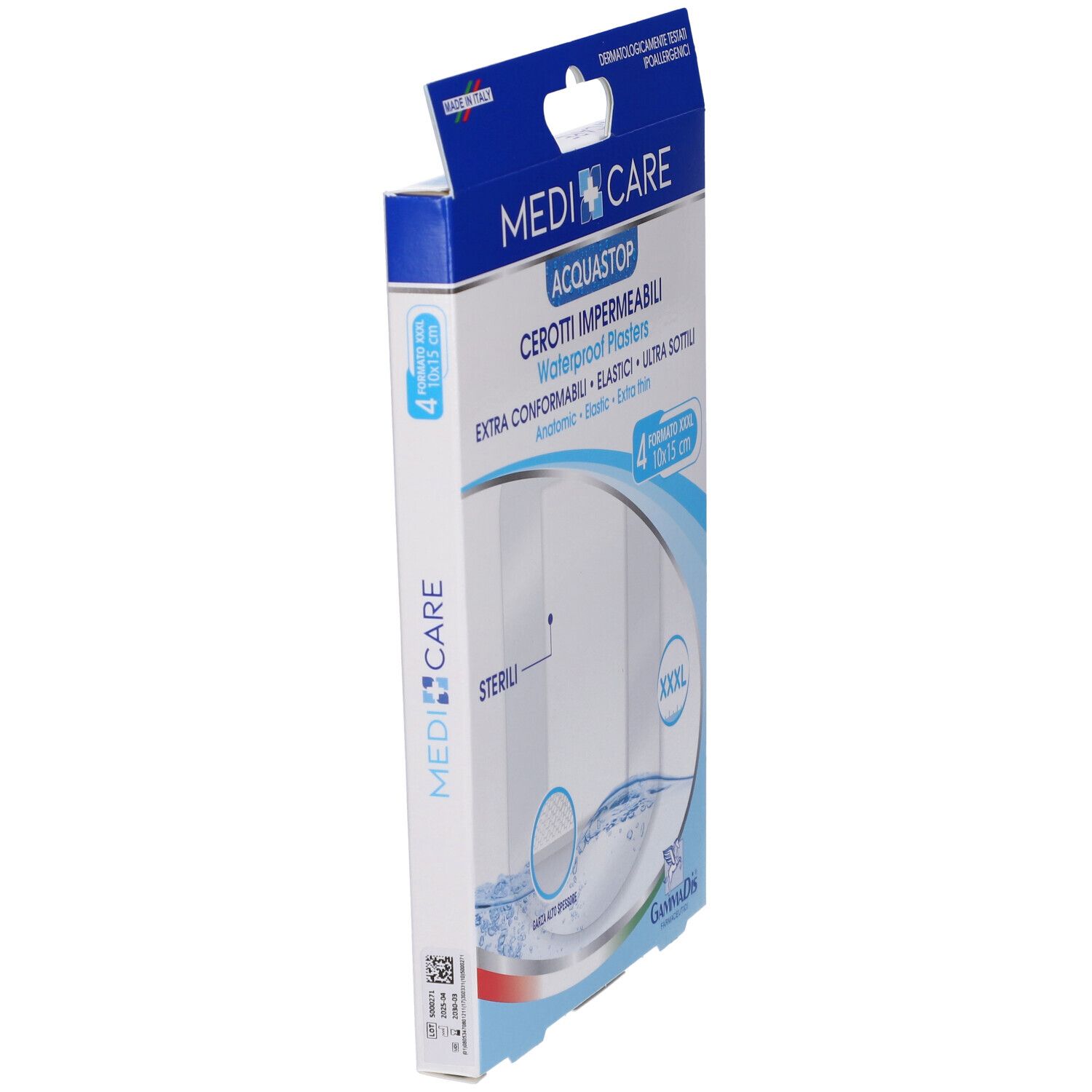 Vista laterale della confezione MEDICARE ACQUASTOP. Cerotti impermeabili. Formato XXXL. Marca e logo visibili.
