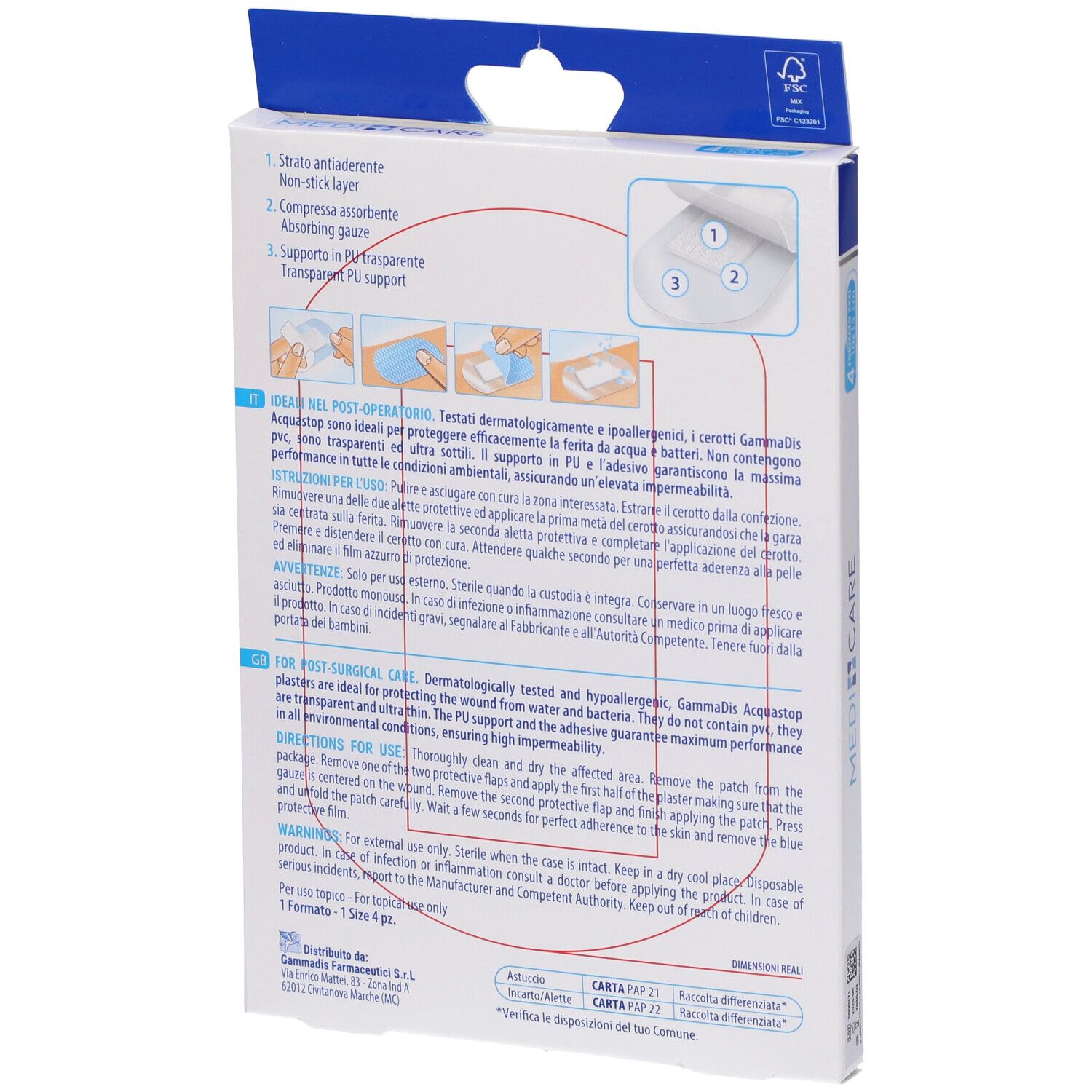 Retro della confezione MEDICARE ACQUASTOP. Informazioni e istruzioni sul prodotto. Illustrazioni.
