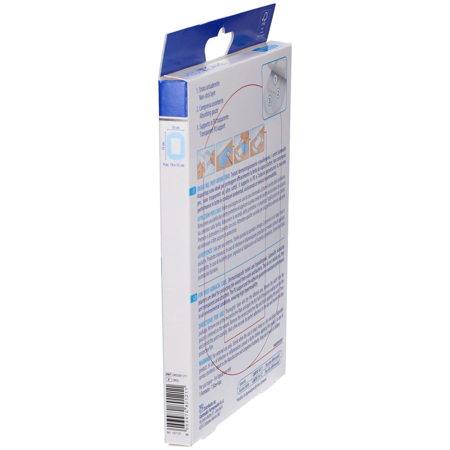 Vista laterale della confezione MEDICARE ACQUASTOP. Informazioni e istruzioni sul prodotto.