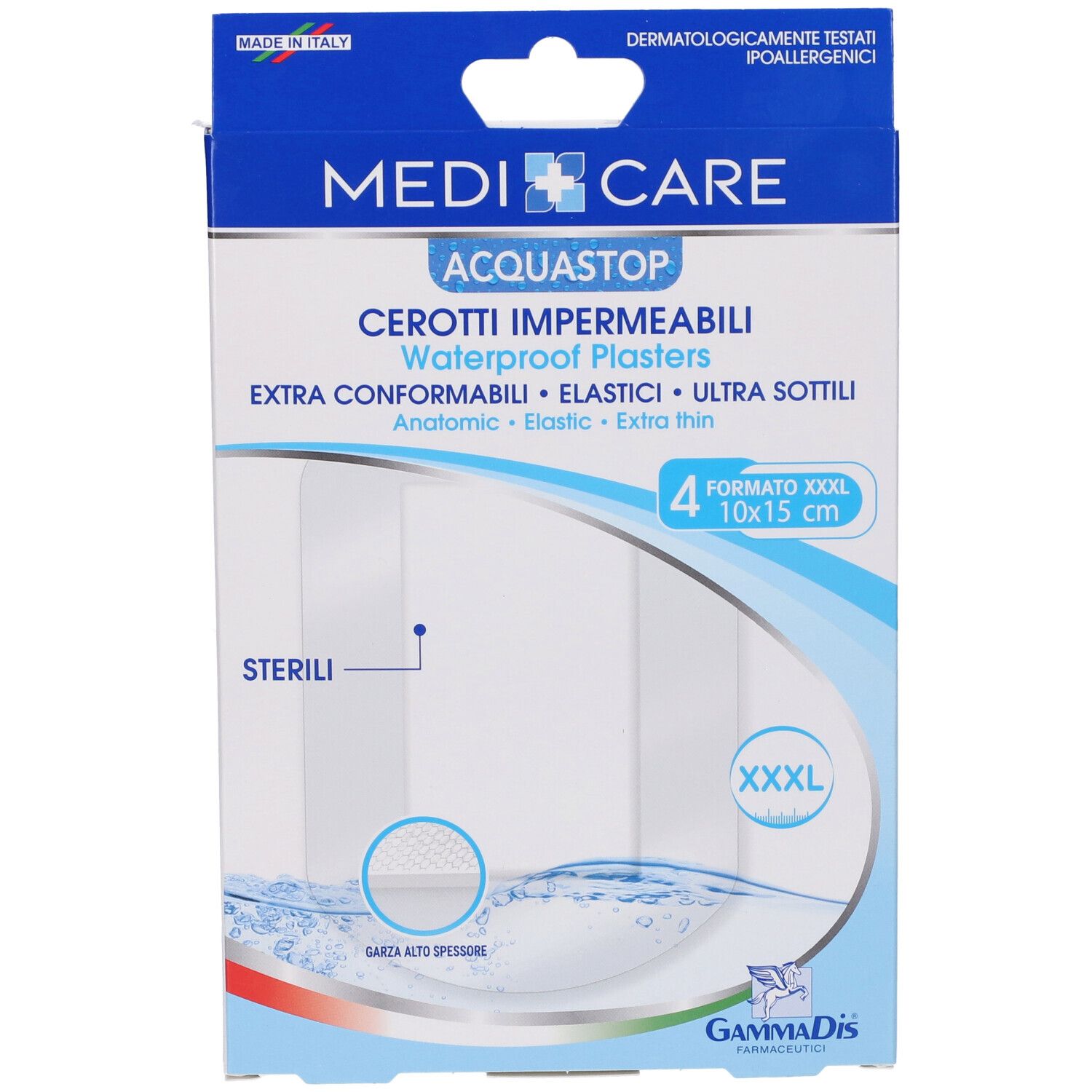 Confezione MEDICARE ACQUASTOP, cerotti impermeabili. Formato XXXL 10x15 cm, 4 pezzi. Extra sottili ed elastici.