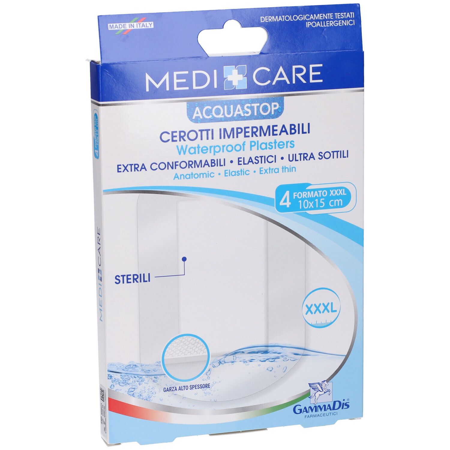 Confezione MEDICARE ACQUASTOP, cerotti impermeabili. Formato XXXL 10x15 cm, 4 pezzi. Extra sottili ed elastici.