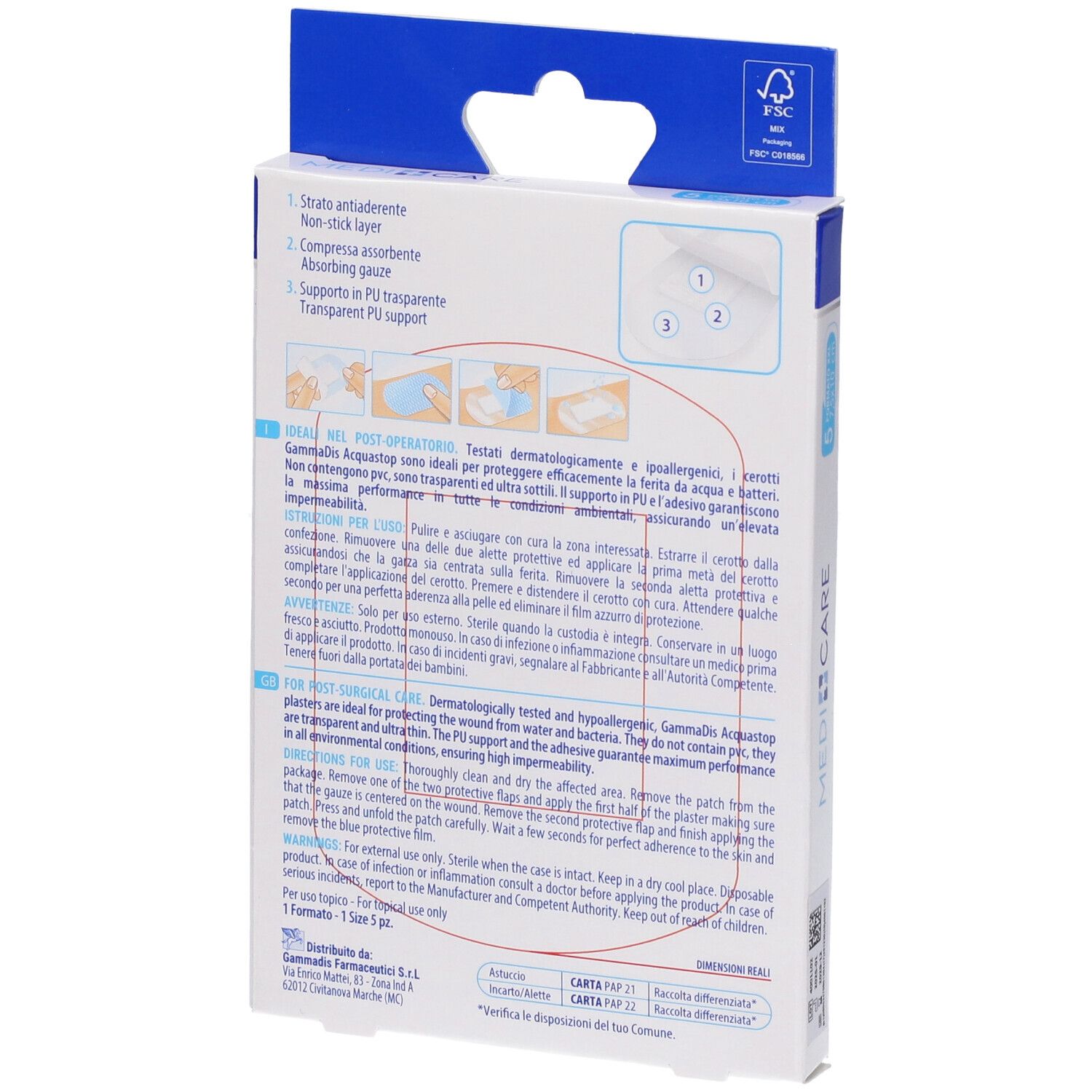 Retro della confezione MEDICARE CER ANTIACQ ST 10X8. Testo con istruzioni e ingredienti. Logo FSC.