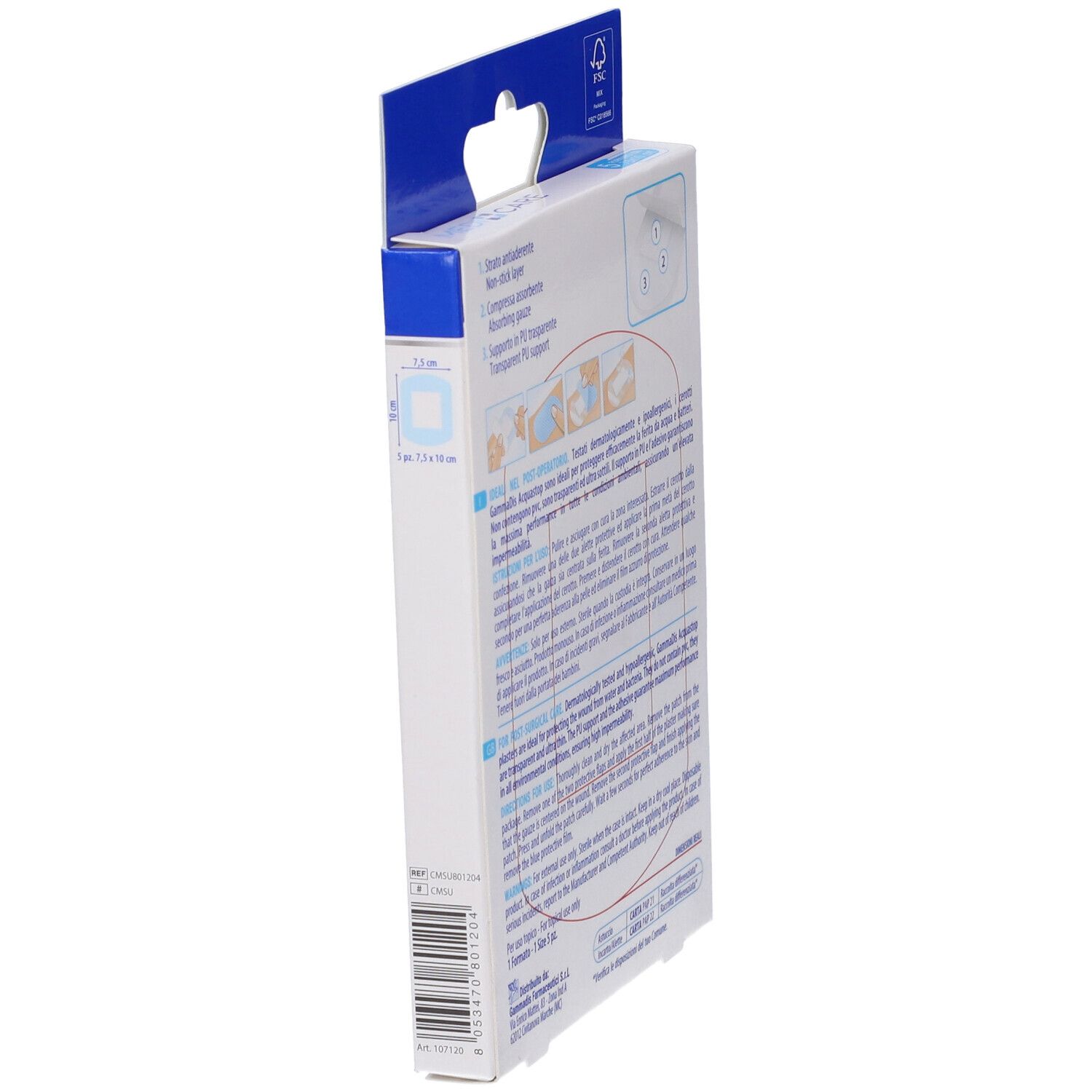 Vista laterale della confezione MEDICARE CER ANTIACQ ST 10X8. Testo e illustrazioni. Logo FSC.