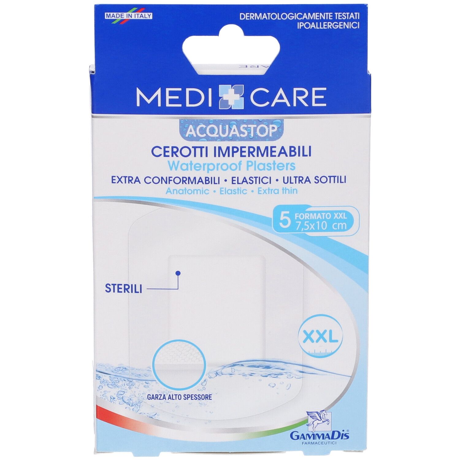 Vista frontale della confezione MEDICARE CER ANTIACQ ST 10X8. Contiene 5 cerotti. Formato XXL, 7,5x10 cm.