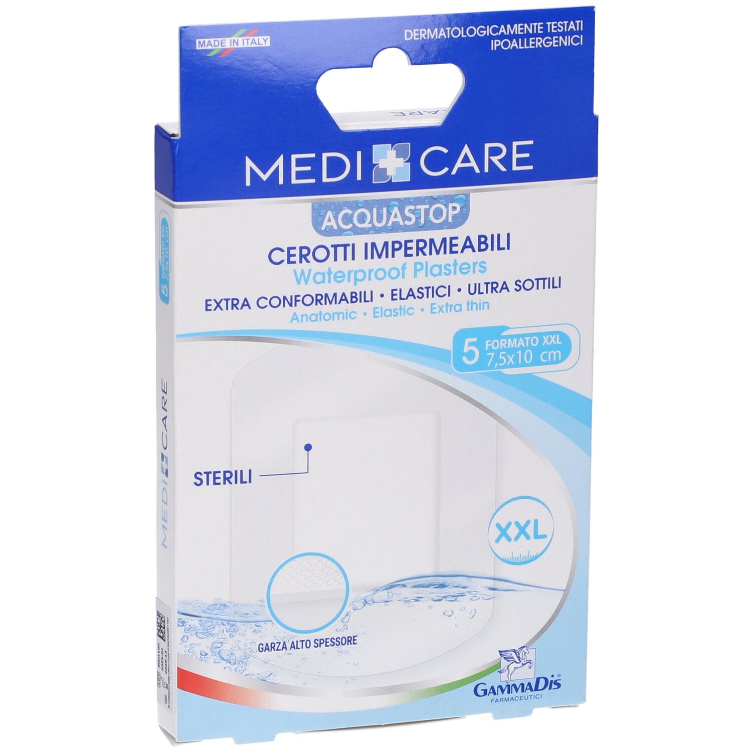 Vista frontale della confezione MEDICARE CER ANTIACQ ST 10X8. Contiene 5 cerotti. Formato XXL, 7,5x10 cm. Impermeabili.