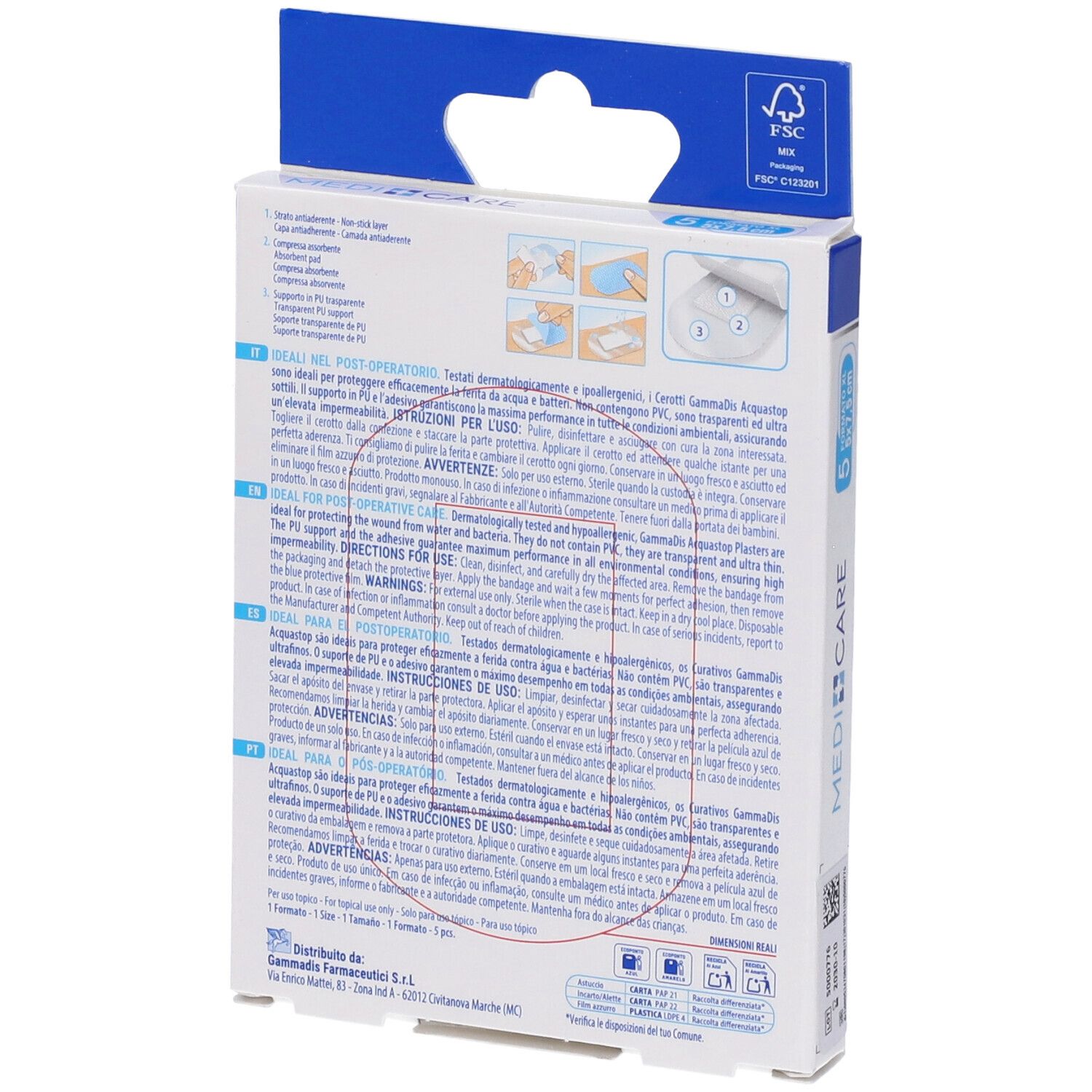 Retro della confezione con informazioni sul prodotto e istruzioni per l'uso. Marca: Medicare.