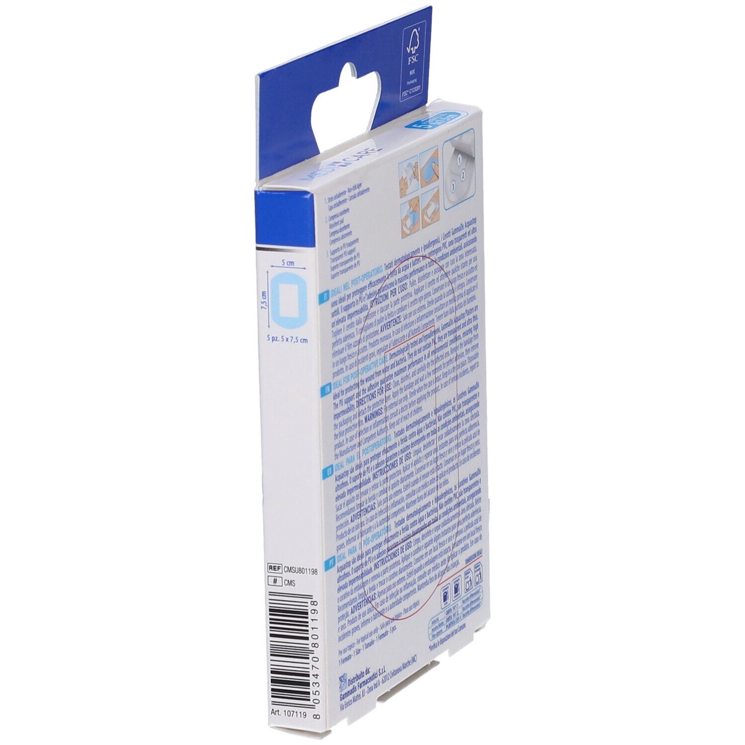 Vista laterale della confezione con informazioni sul prodotto. Marca: Medicare. 5 pezzi, 7,5x5 cm.