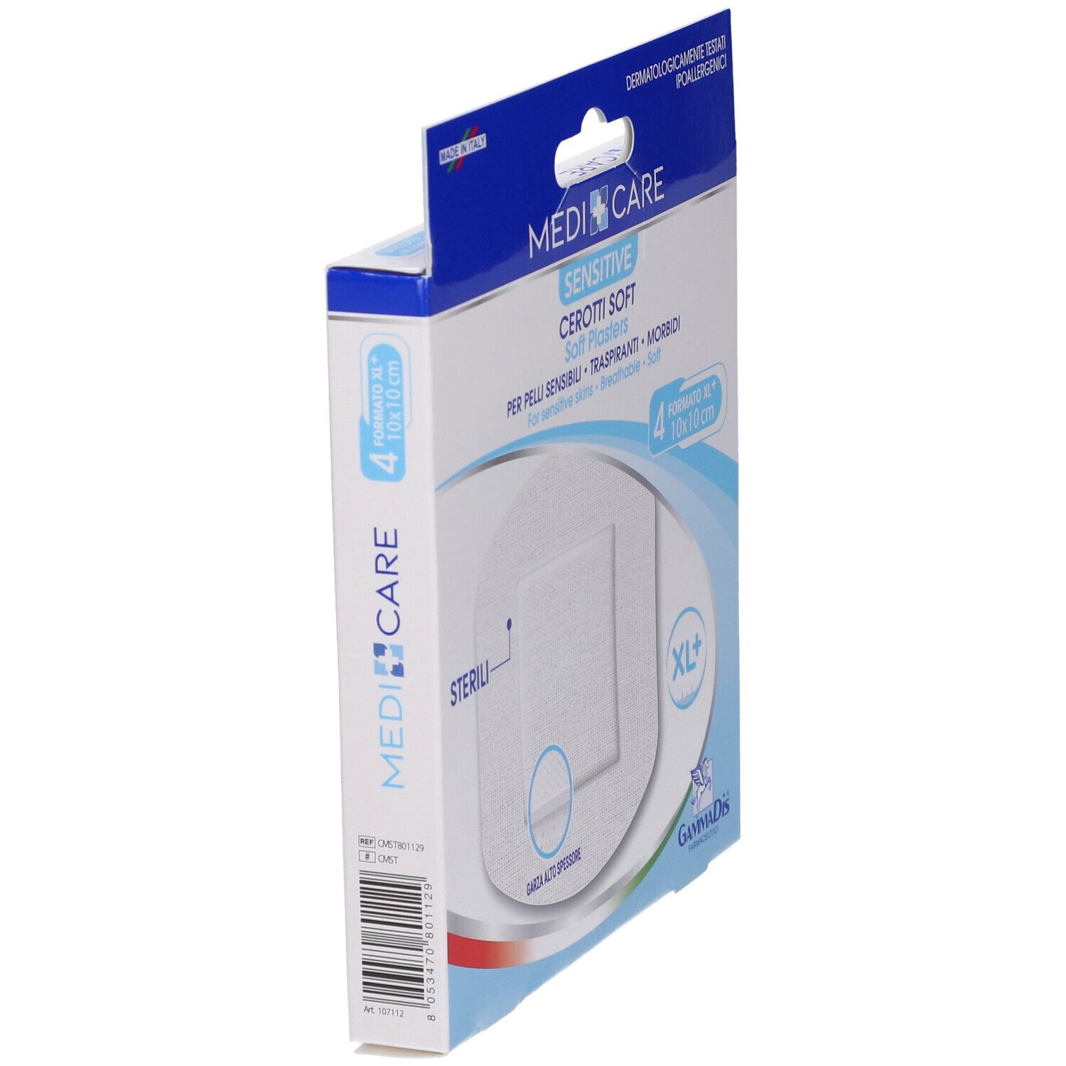 Vista laterale della confezione MEDICARE CEROTTI SOFT. Nome del prodotto, logo e dimensione 10x10 cm visibili.
