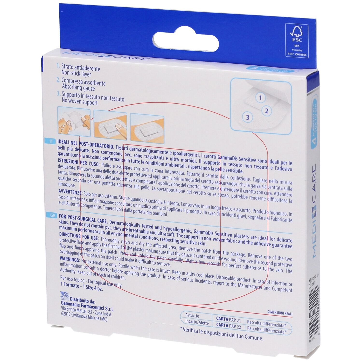 Retro della confezione MEDICARE CEROTTI SOFT. Informazioni testuali e illustrazioni sull'uso.