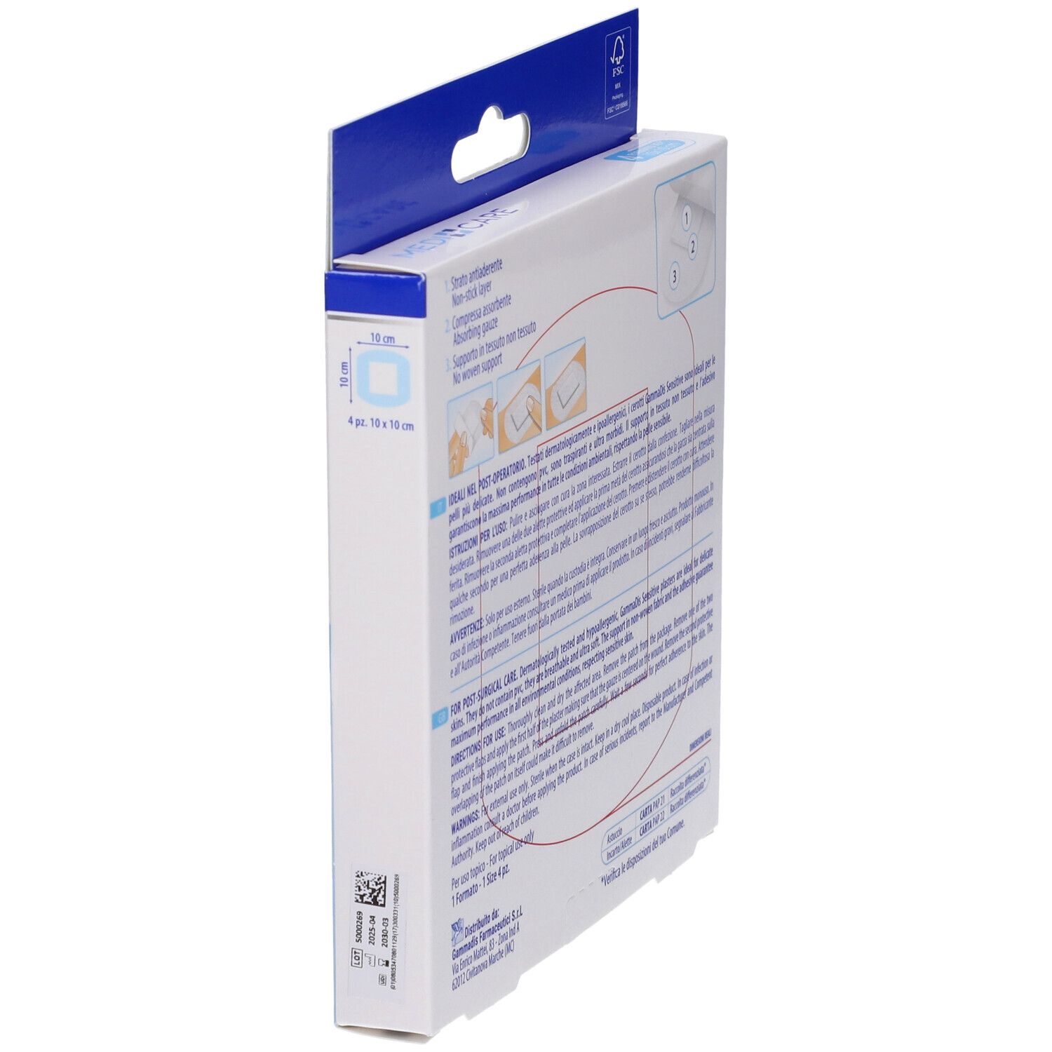 Vista laterale della confezione MEDICARE CEROTTI SOFT. Testo e logo visibili, dimensione 10x10 cm.