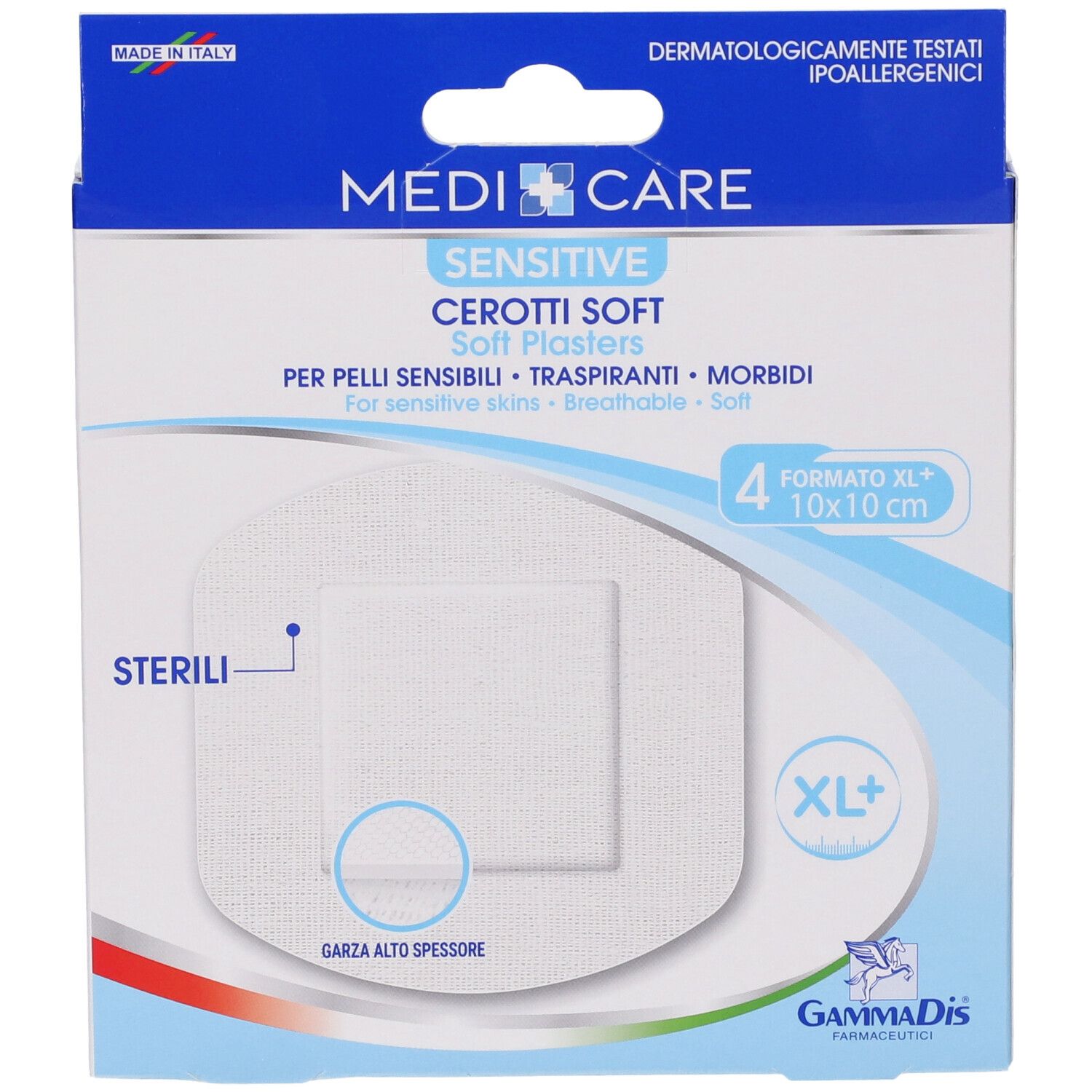 Confezione MEDICARE CEROTTI SOFT. Nome del prodotto, logo e dimensione 10x10 cm visibili.