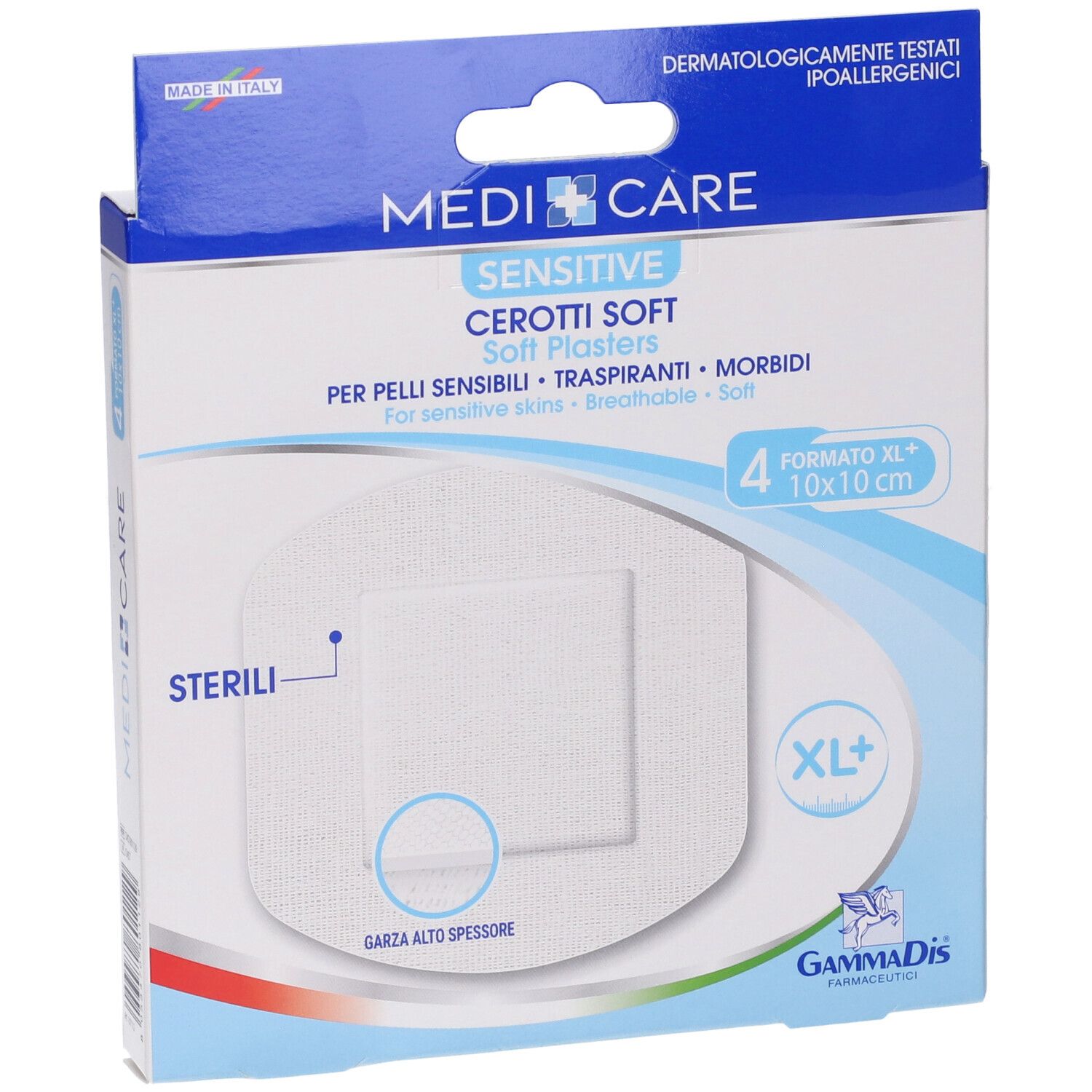 Confezione MEDICARE CEROTTI SOFT. Nome del prodotto, logo e dimensione 10x10 cm visibili.