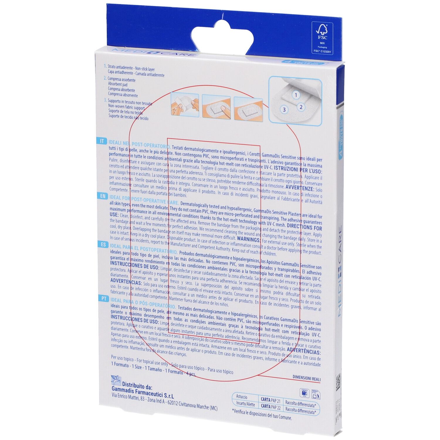 Retro della confezione MEDICARE CEROTTI SOFT. Testo multilingue. Illustrazioni d'uso. Logo FSC.