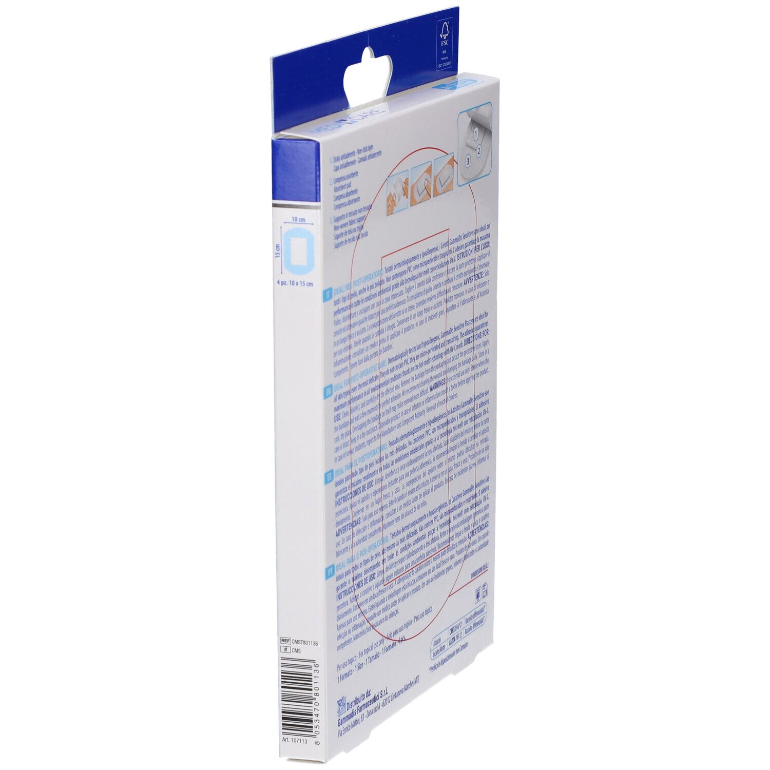 Vista laterale della confezione MEDICARE CEROTTI SOFT. Testo e illustrazioni. Logo GammaDis.