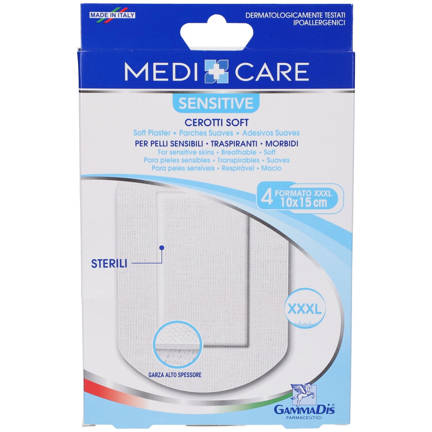 Confezione MEDICARE CEROTTI SOFT. Contiene 4 cerotti, formato 10x15cm. Scritte: Sensitive, Sterili, XXXL.