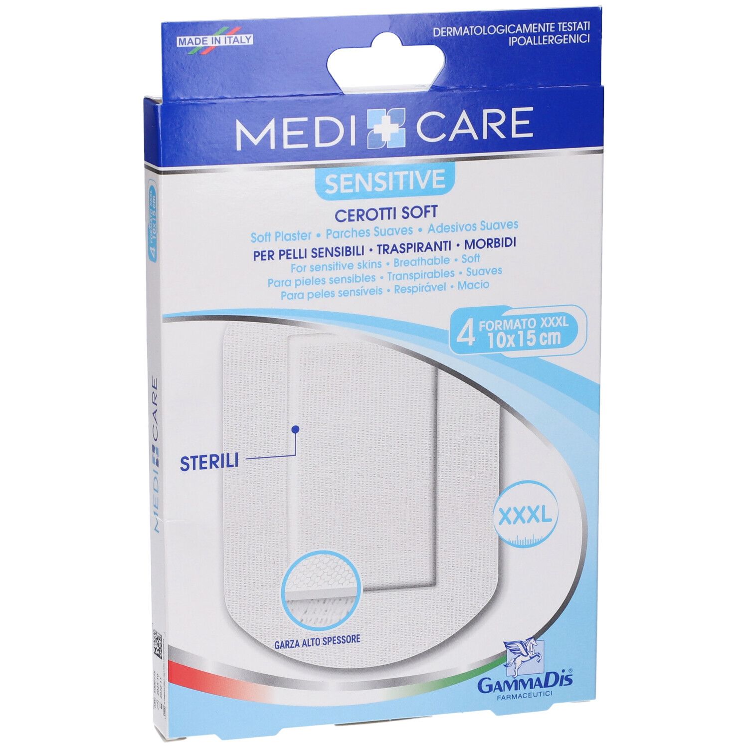 Vista obliqua della confezione MEDICARE CEROTTI SOFT. Mostra il prodotto e le scritte: Sensitive, Sterili, XXXL, 4x10x15cm.