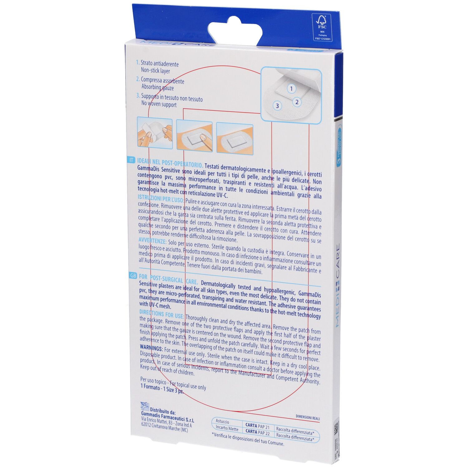 Retro della confezione di cerotti. Testo e illustrazioni. Informazioni sull'uso e gli ingredienti. Marchio GammaDis.
