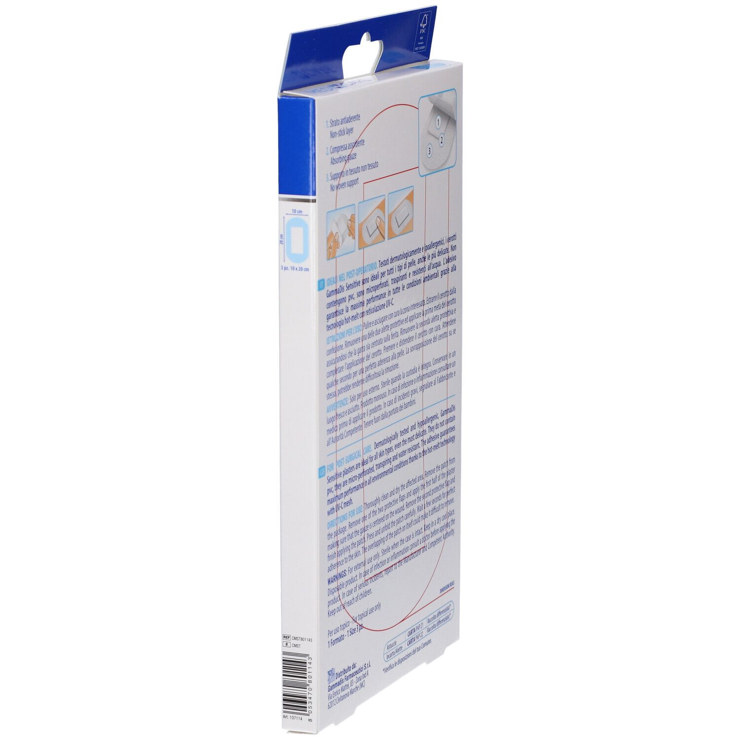 Vista laterale della confezione di cerotti. Testo e illustrazioni. Informazioni sull'uso. Marchio GammaDis.