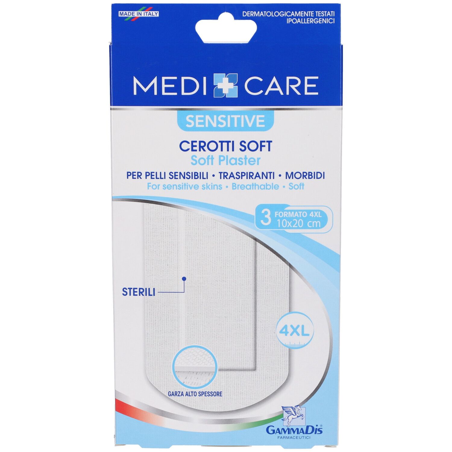 Confezione MEDICARE CEROTTI SOFT. 3 pezzi, 10x20 cm. Per pelli sensibili. Scritta 'STERILI'. Marchio GammaDis.