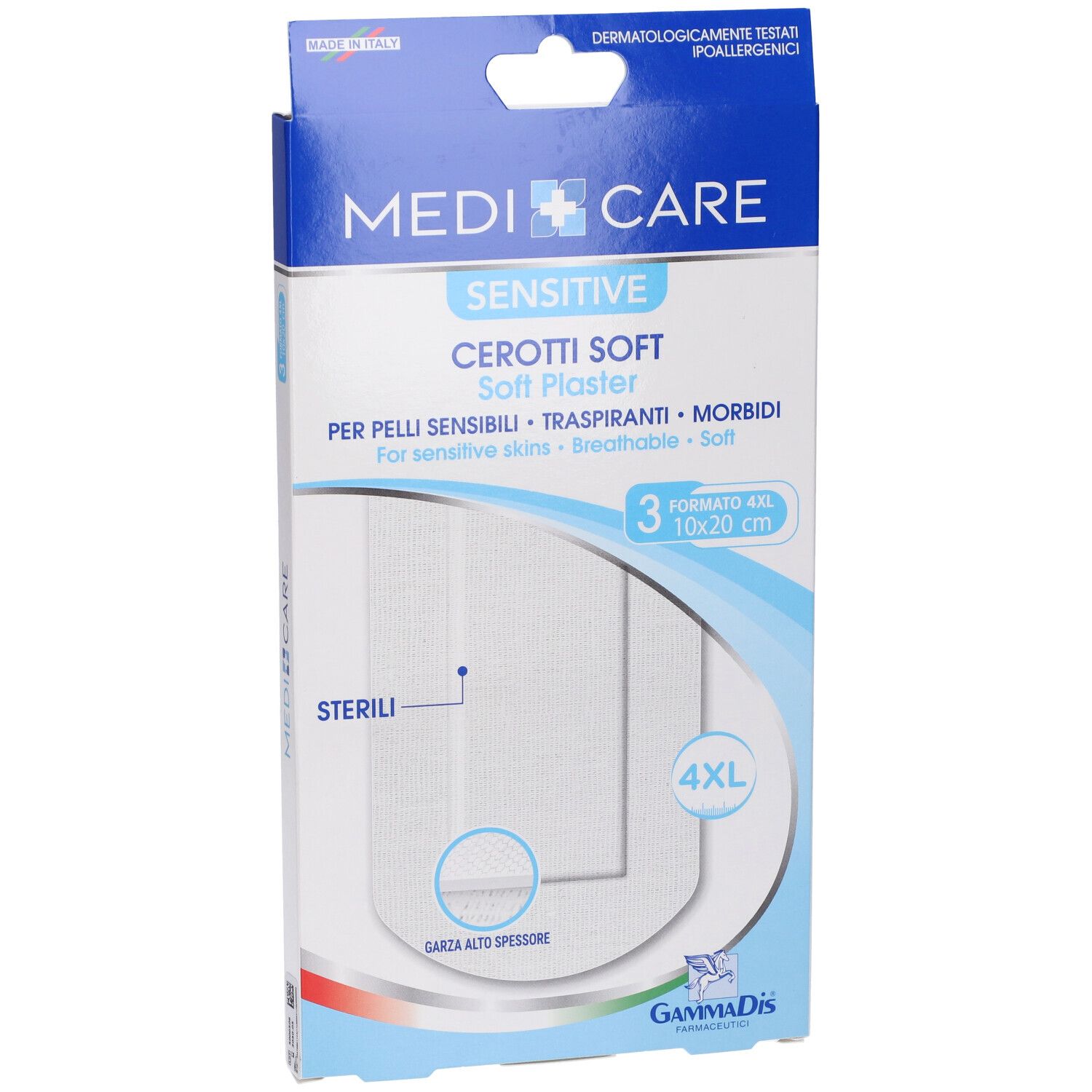 Confezione MEDICARE CEROTTI SOFT. 3 pezzi, 10x20 cm. Per pelli sensibili. Scritta 'STERILI'. Marchio GammaDis.